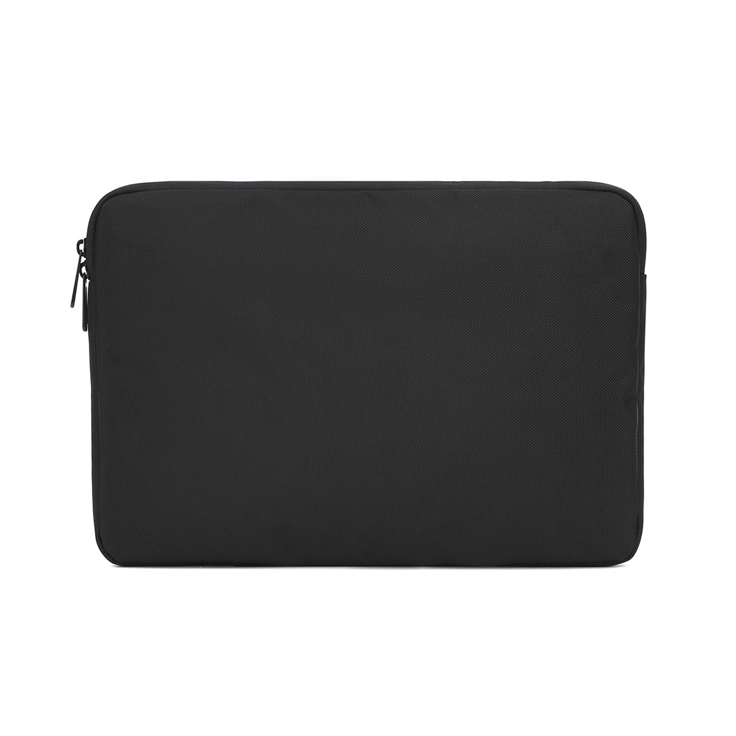 Black laptop sleeve, closed, white background.