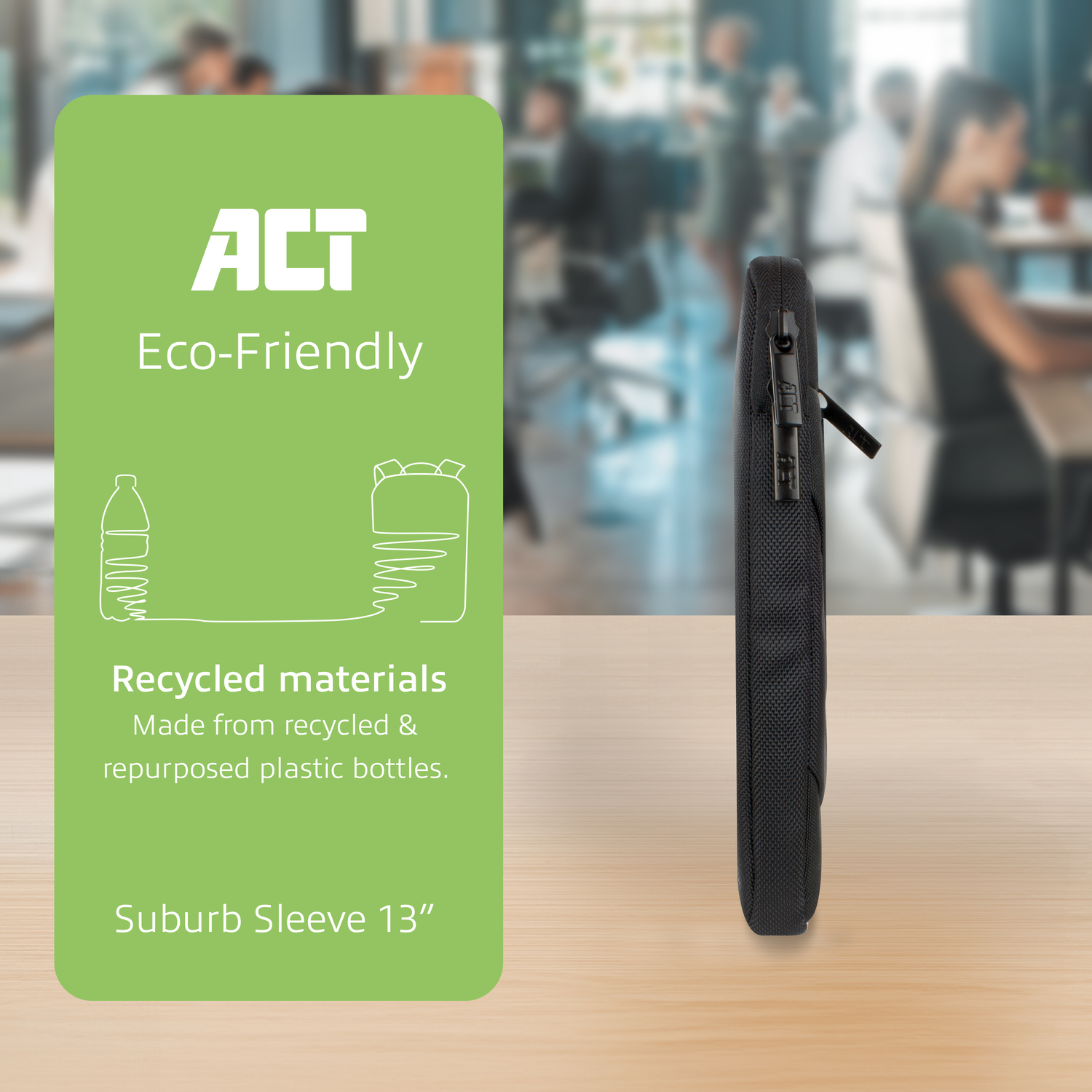 Black sleeve, eco-friendly, made from recycled plastic bottles. Green info panel on the left, office background.