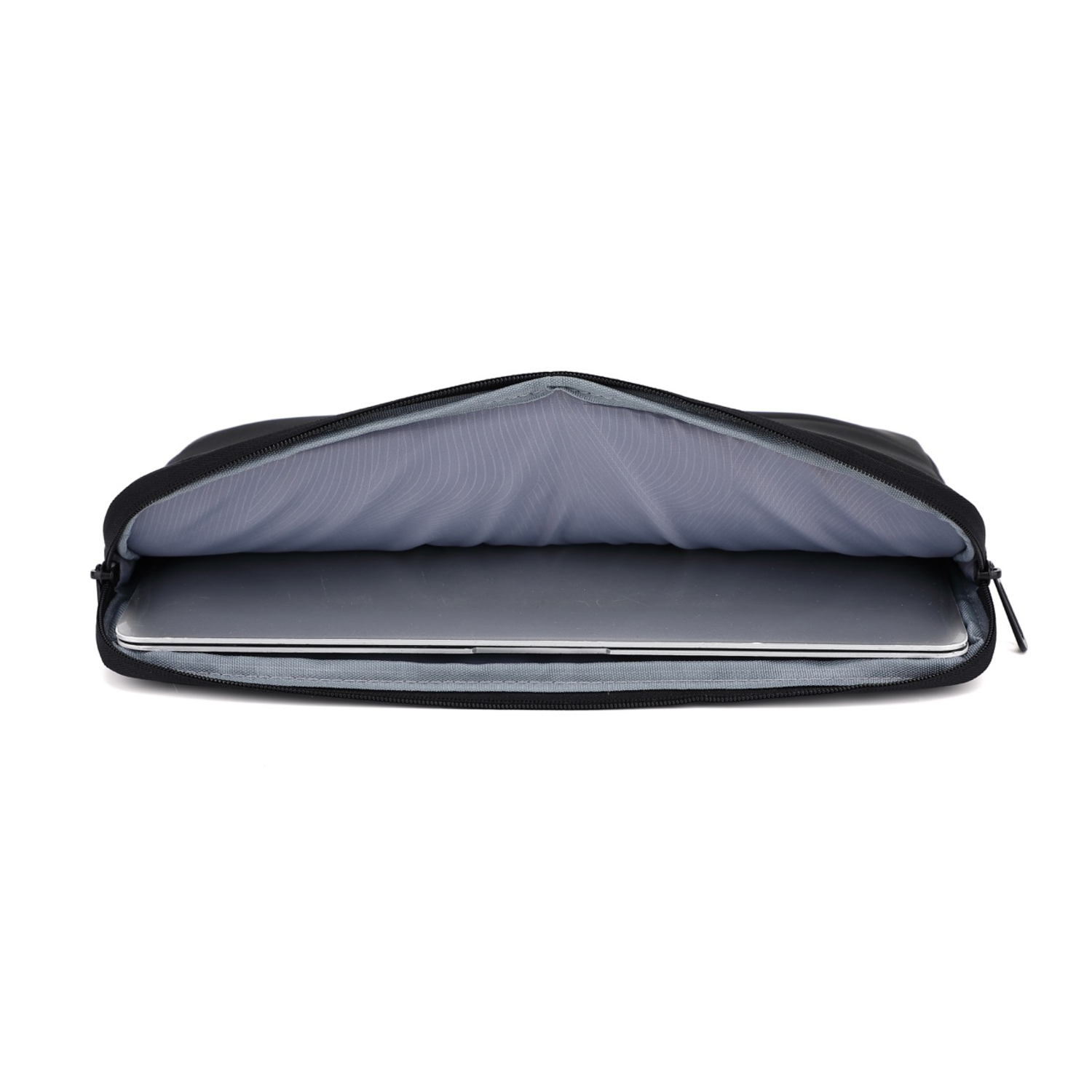 Black laptop sleeve, open, silver laptop inside, white background.