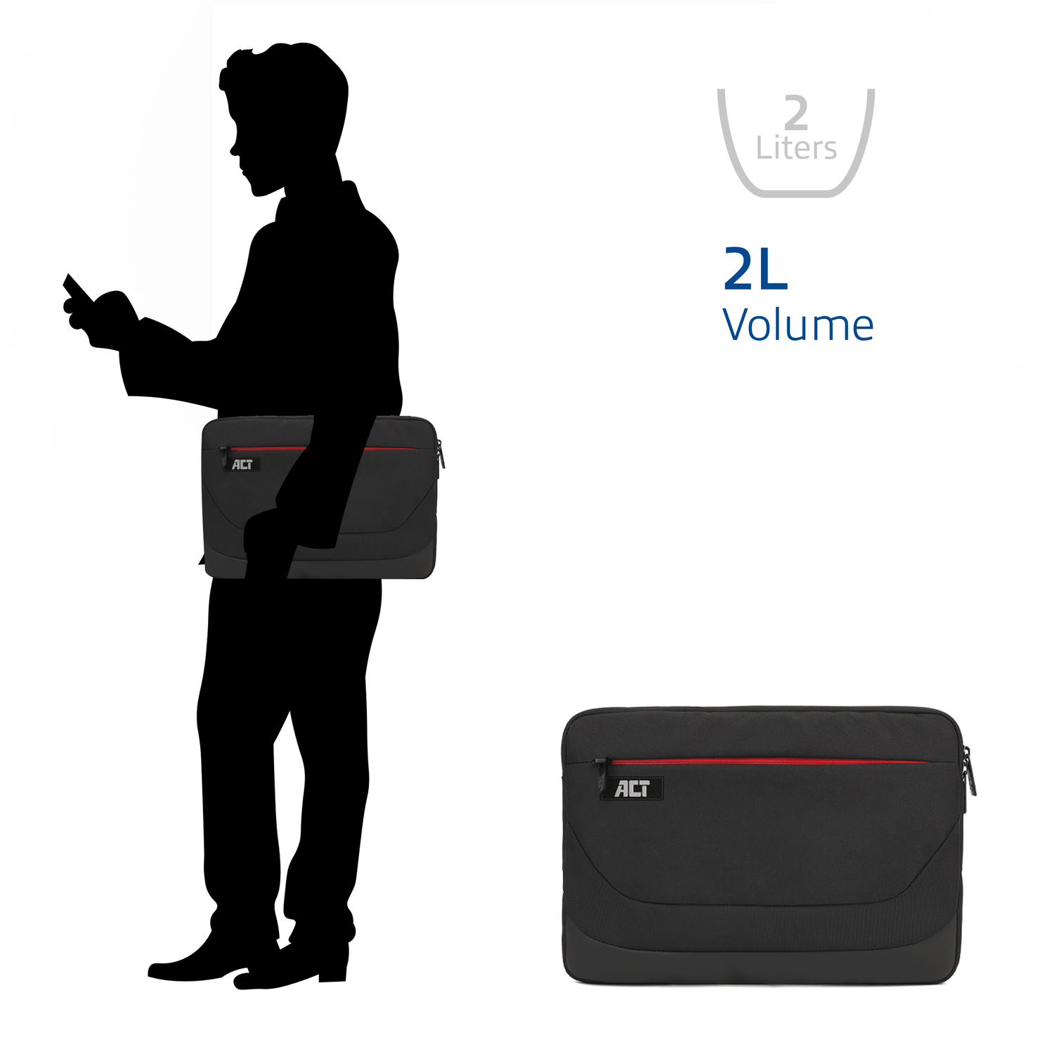 Silhouette of man, holding laptop sleeve, two laptop sleeves, white background.