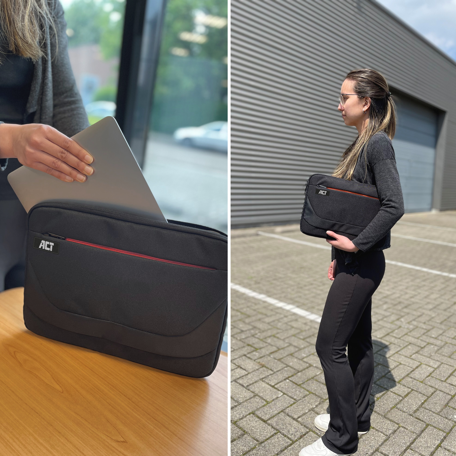 Woman putting a laptop into a black bag, and another holding the bag outdoors. Black bag with red trim.