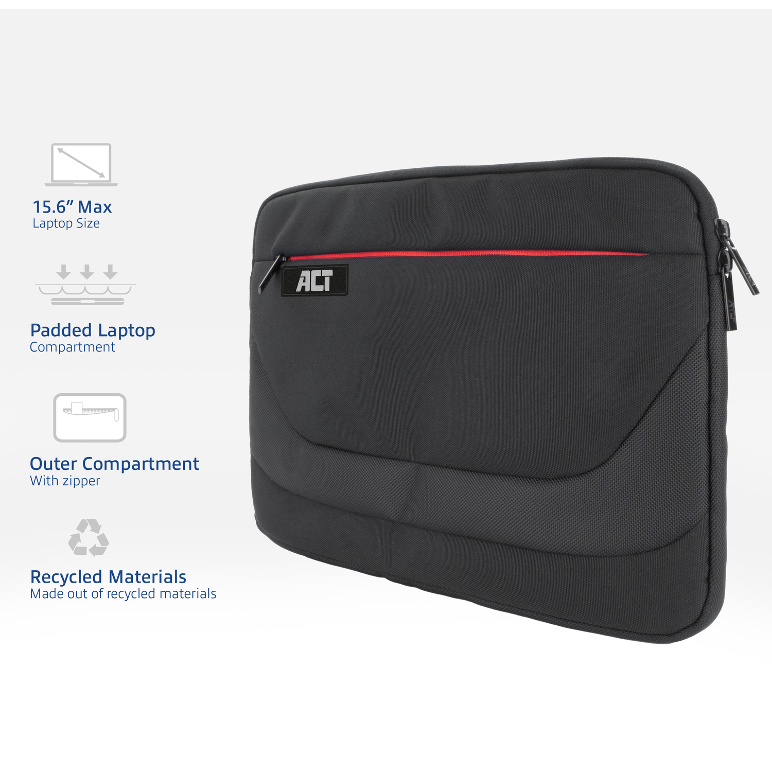 Black laptop sleeve with zipper, text and icons on white background.