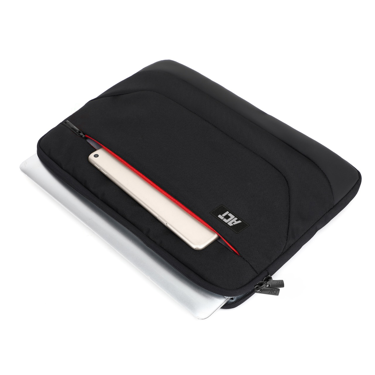 Black laptop case with a laptop and a smartphone inside. Red zipper detail.