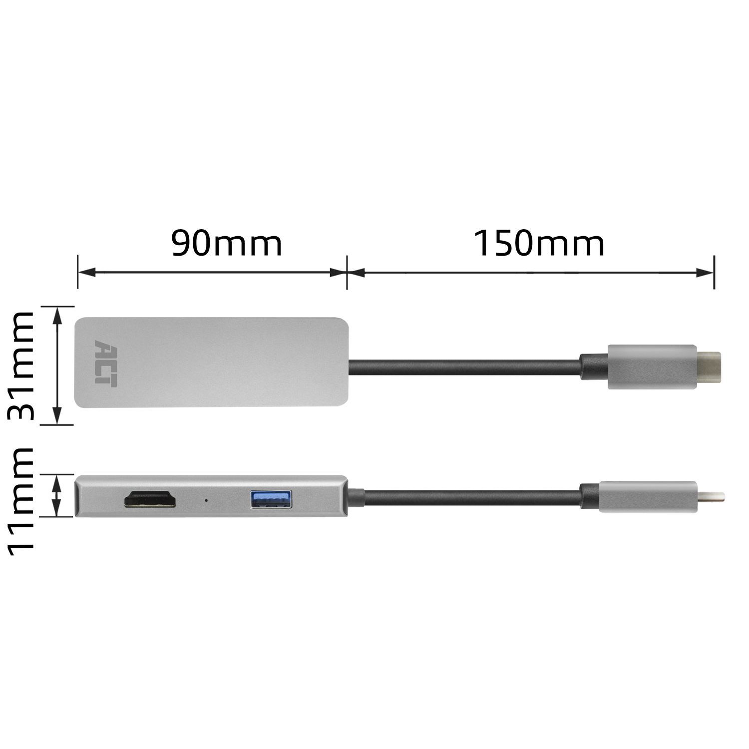 Diagram of a silver hub. It shows dimensions: 90mm x 31mm x 11mm, and 150mm.