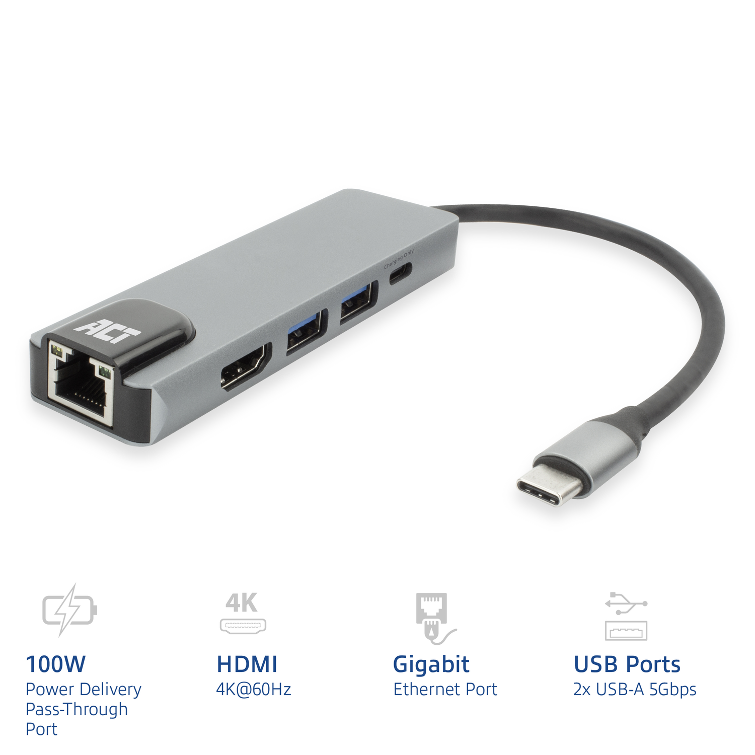 Silver USB hub with multiple ports, including Ethernet, HDMI, and USB. Labels show features.