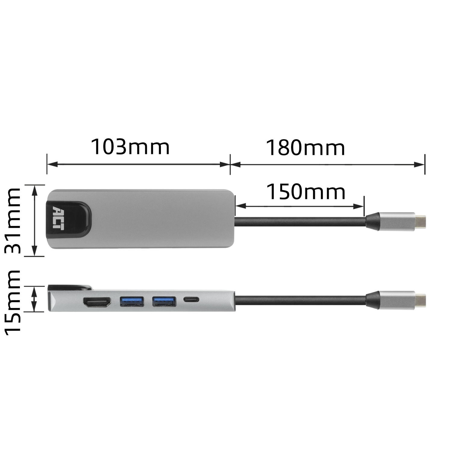 A gray USB-C hub with dimensions labeled in millimeters. The hub has ports and a USB-C connector. White background.