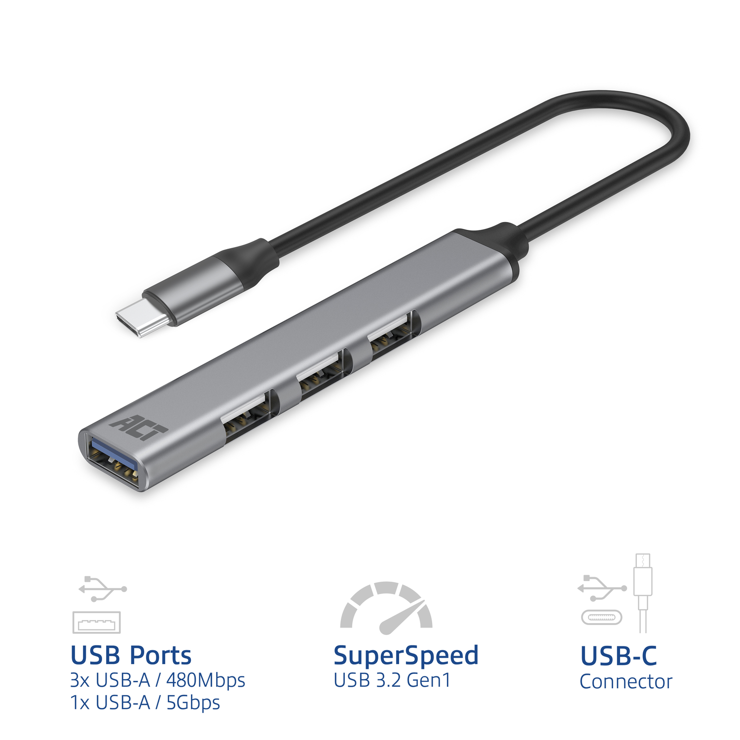 Silver USB-C hub with 3 USB-A ports and a USB-C connector. White background.
