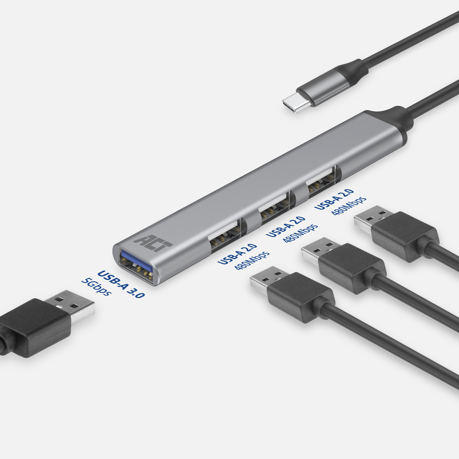 Silver USB hub with 4 USB ports, with cables.