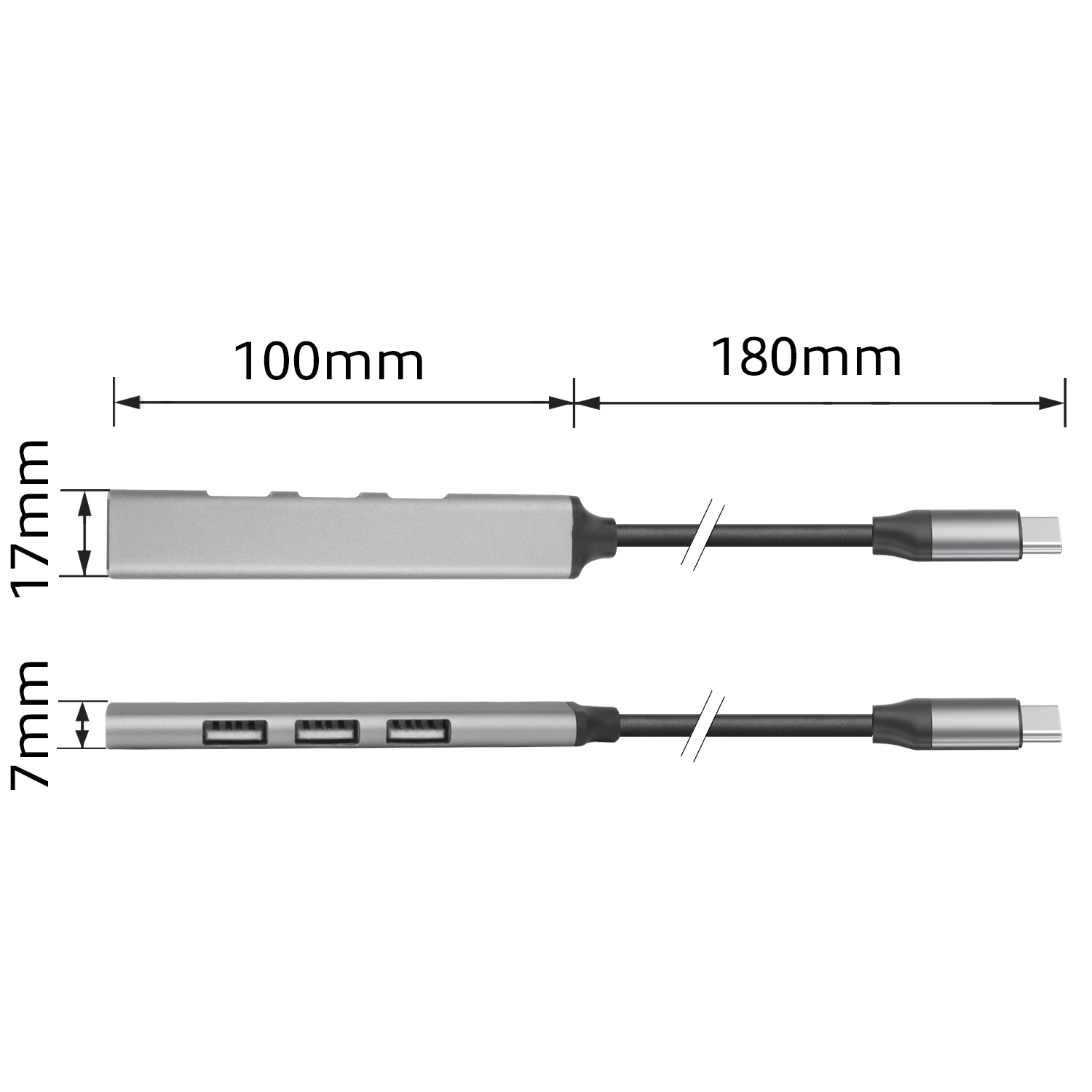A silver USB hub with dimensions labeled in millimeters.