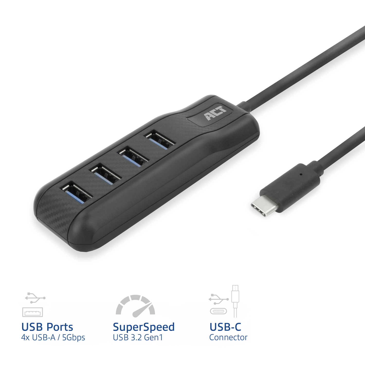 Black USB-C hub with 4 USB-A ports. White background.