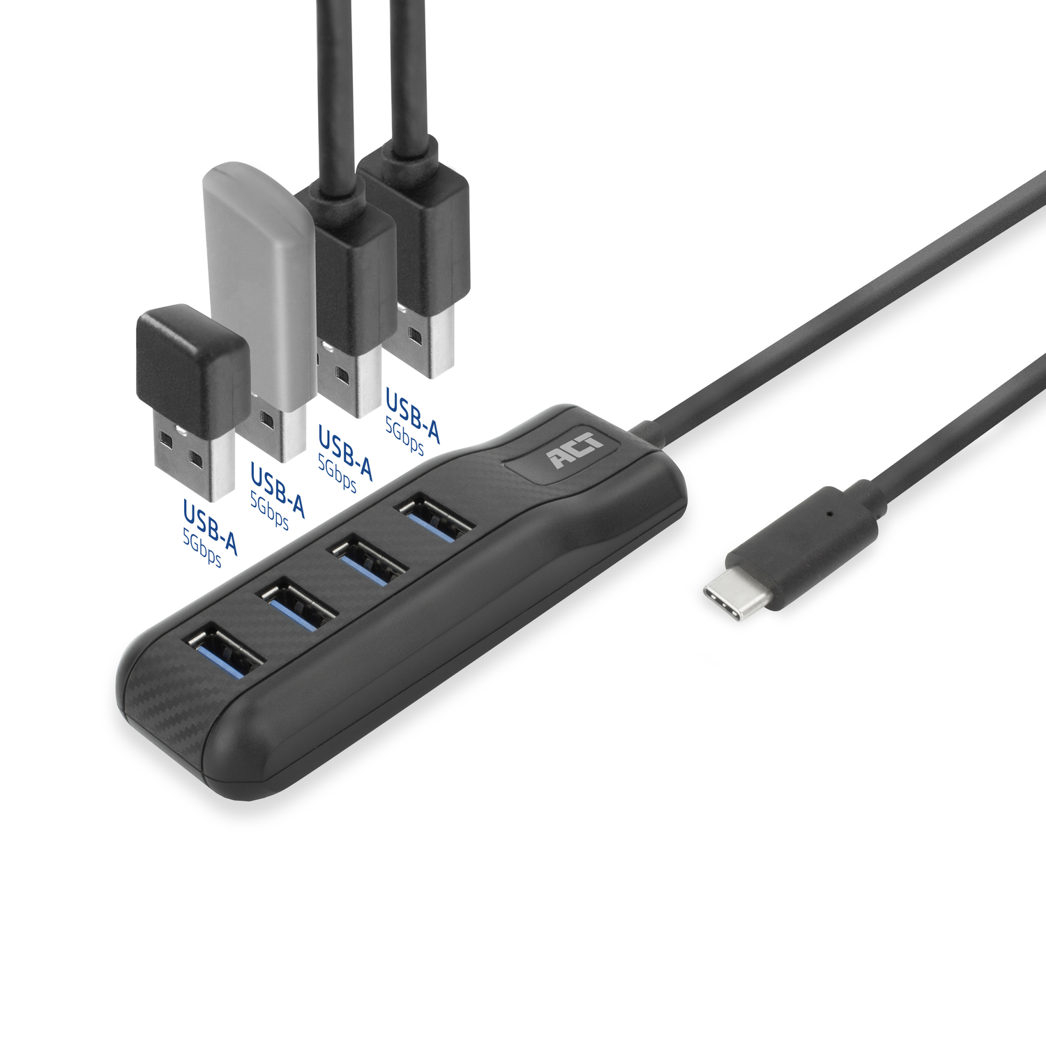 USB-C hub with multiple USB-A ports, connected to devices. White background.