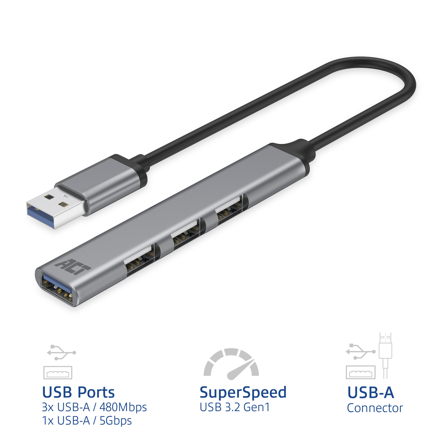 Silver USB hub with ports and a black cable. Icons indicate USB ports, speed, and connector.