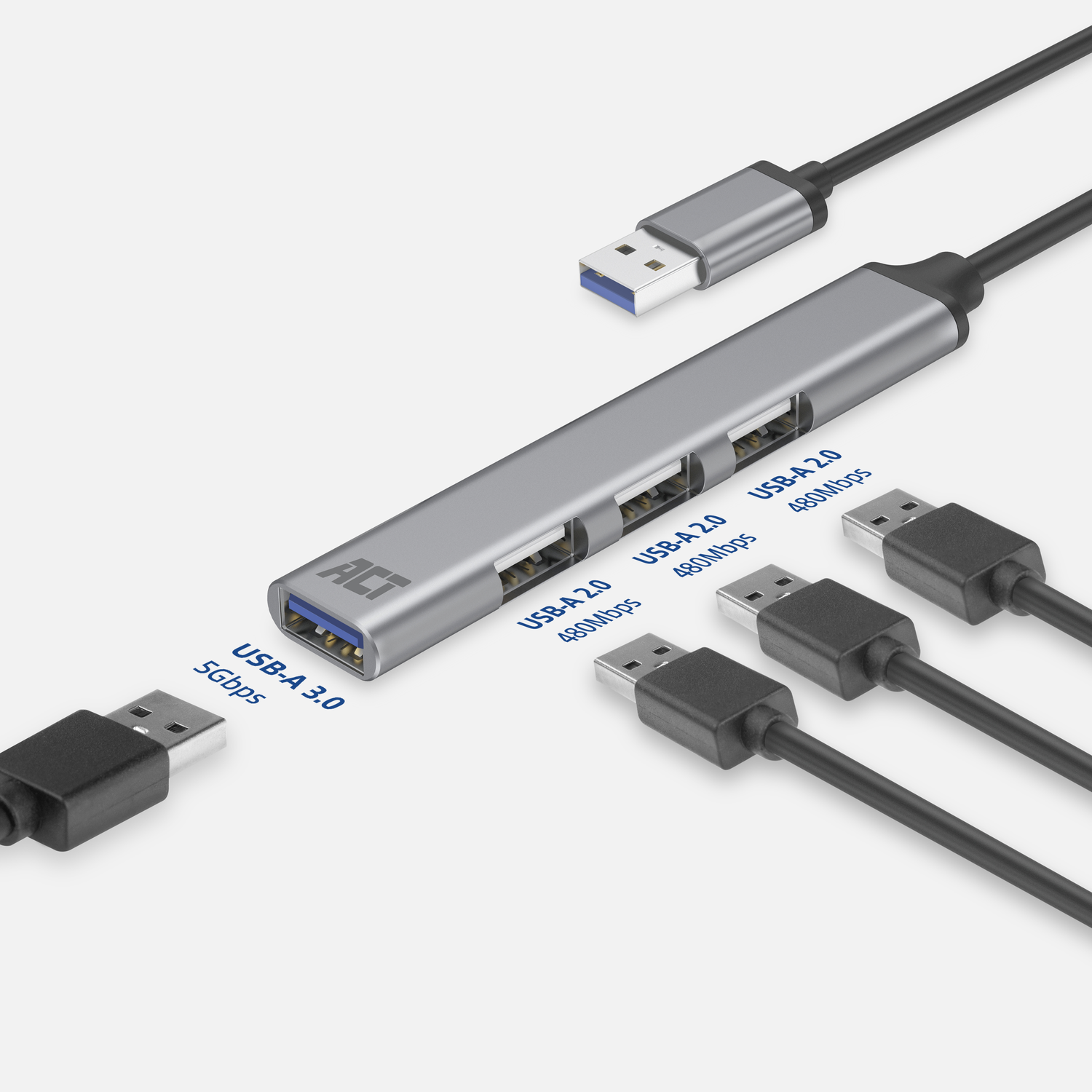 Silver USB hub with 4 ports and 5 USB cables. The hub has the ACT logo.