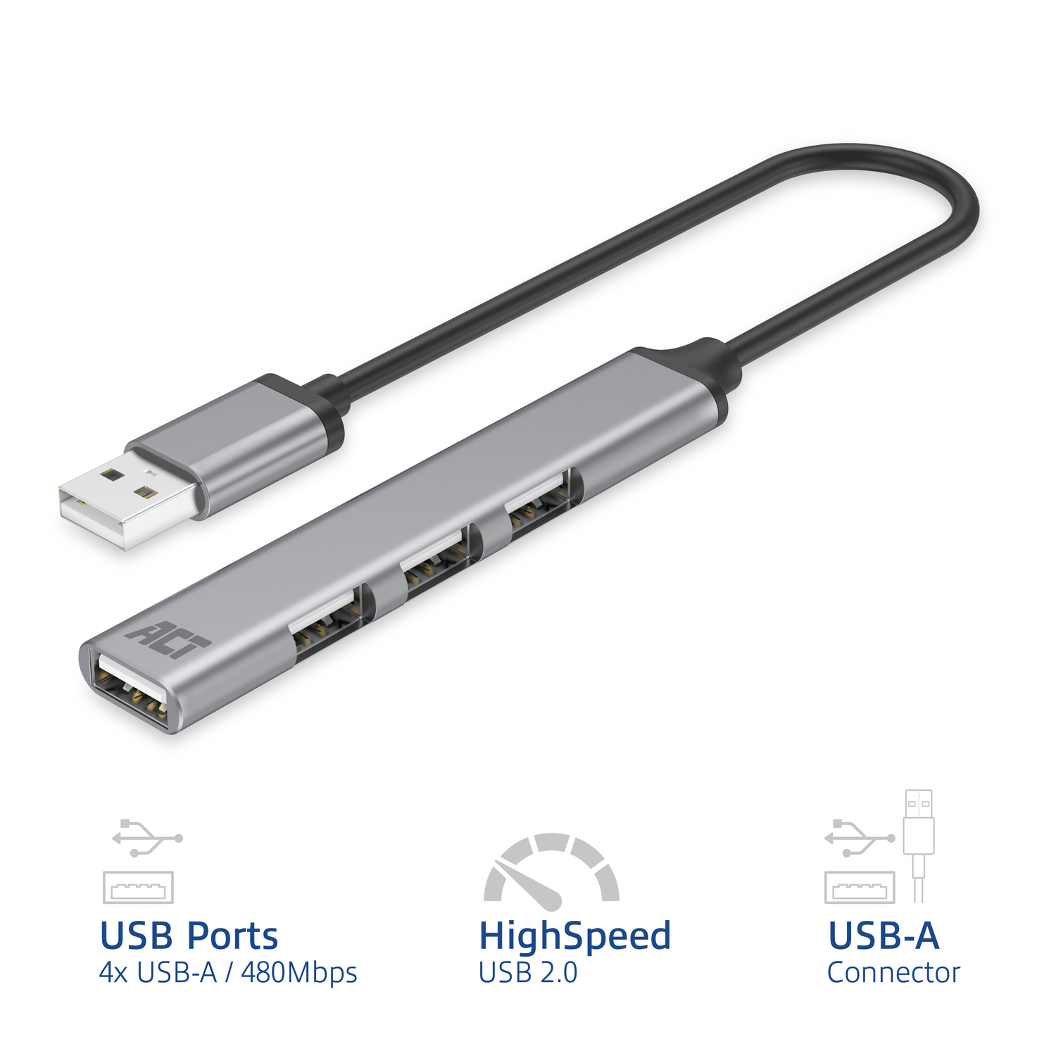 Silver USB hub with four ports and a silver USB-A connector cable.