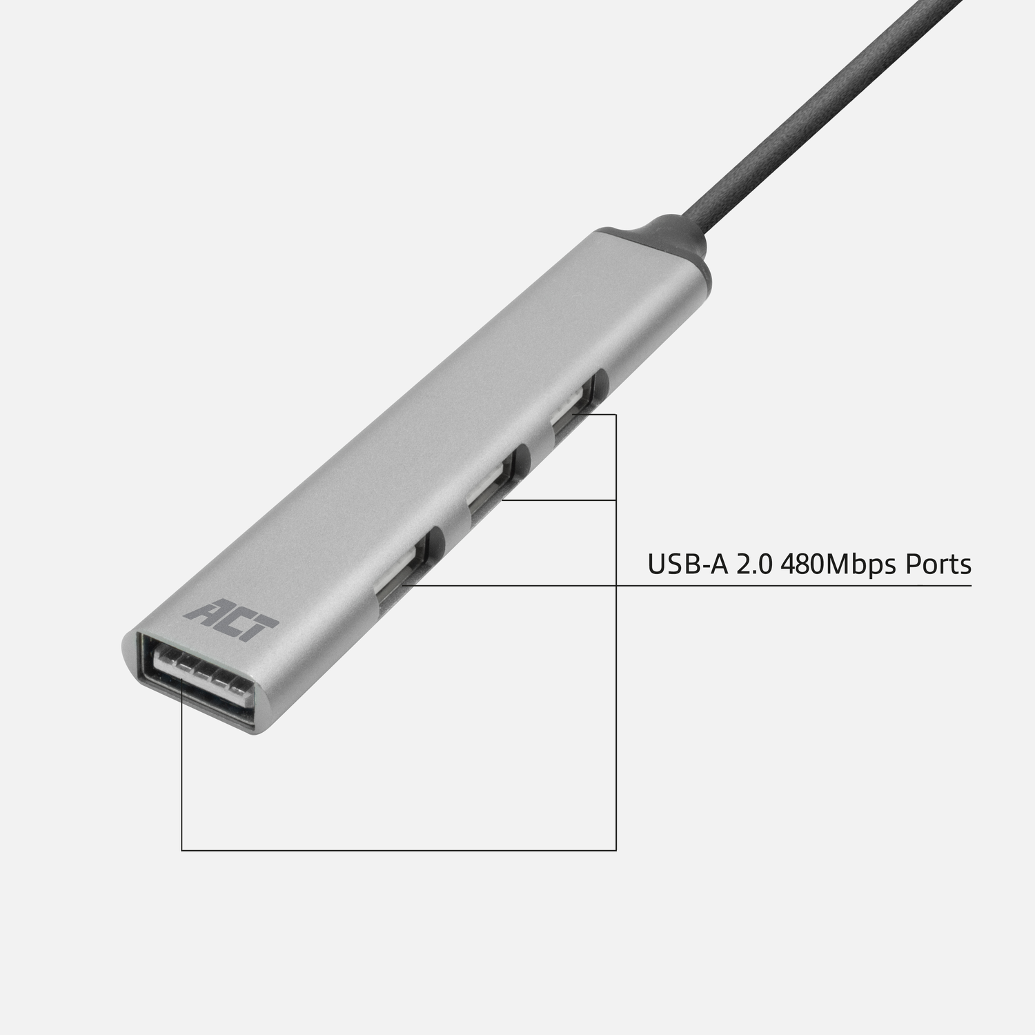 Silver USB hub with four ports, labeled USB-A 2.0 480Mbps Ports.