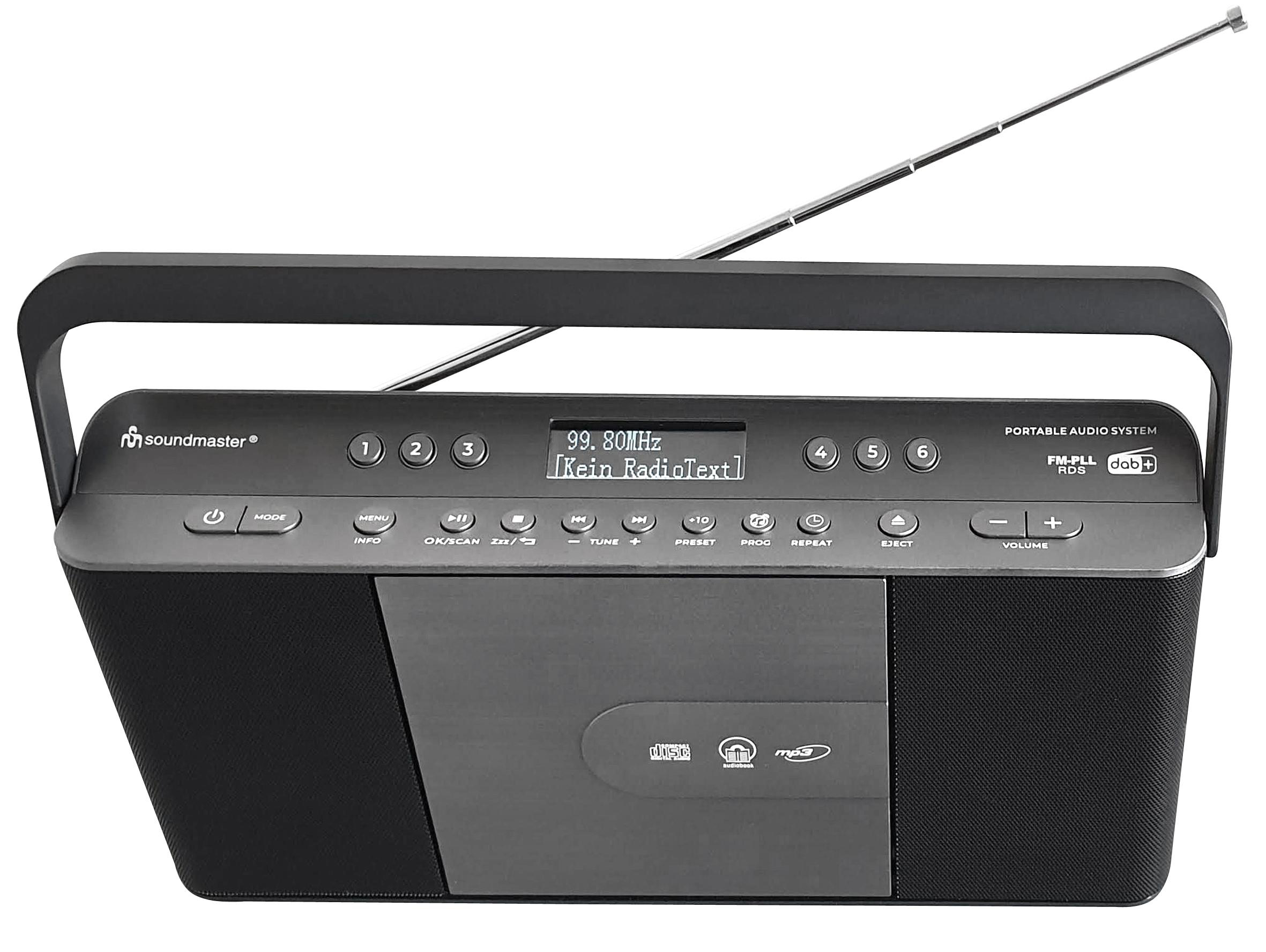 Ein tragbares Audio-System in Schwarz und Grau mit Knöpfen und einem Griff.