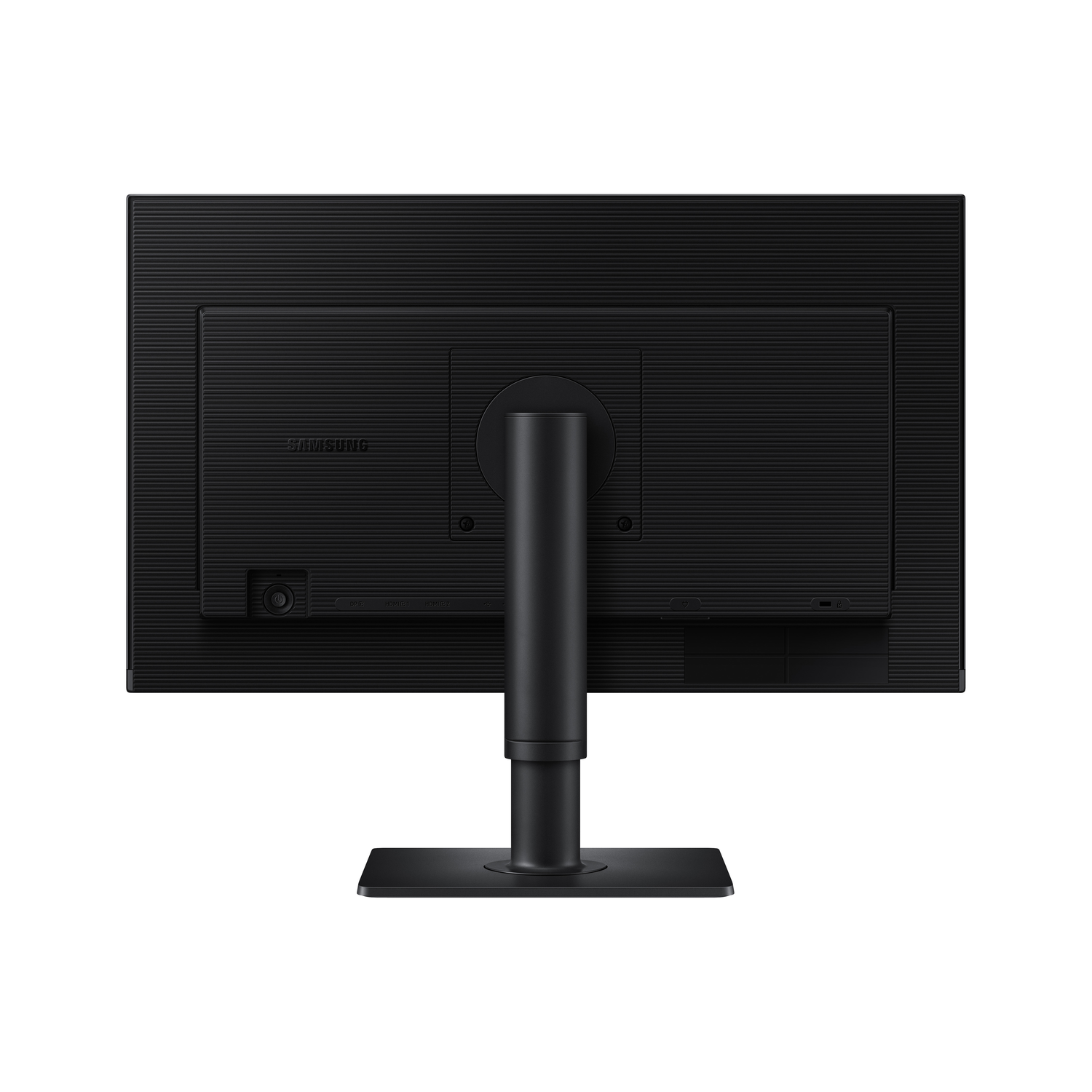 Back view of a black computer monitor with a stand.