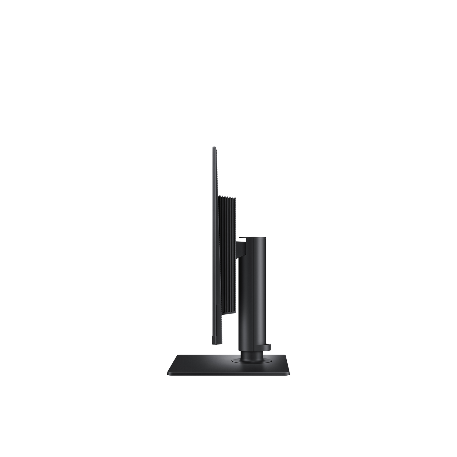 Moniteur noir de côté, avec support noir et fond blanc.