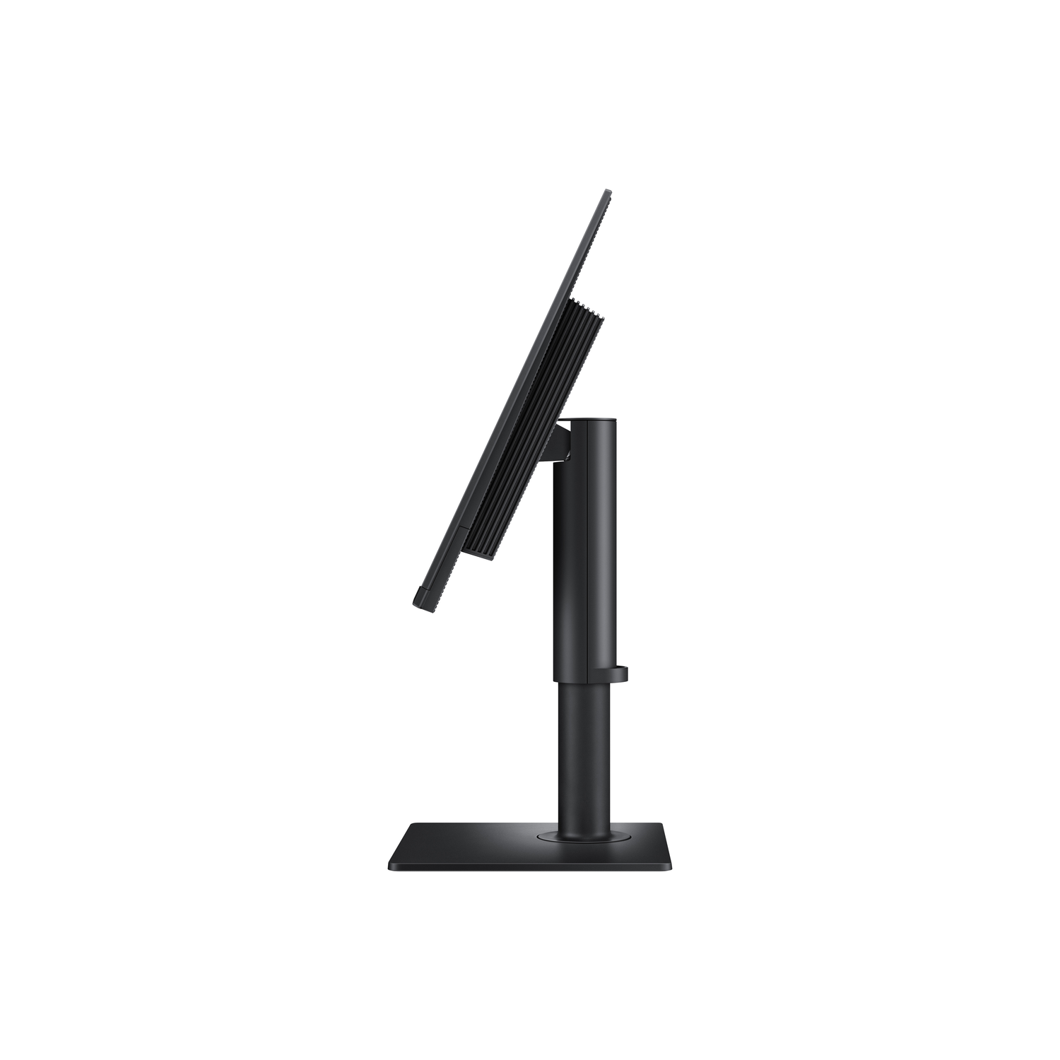 Moniteur noir de côté, incliné. Support noir, fond blanc.