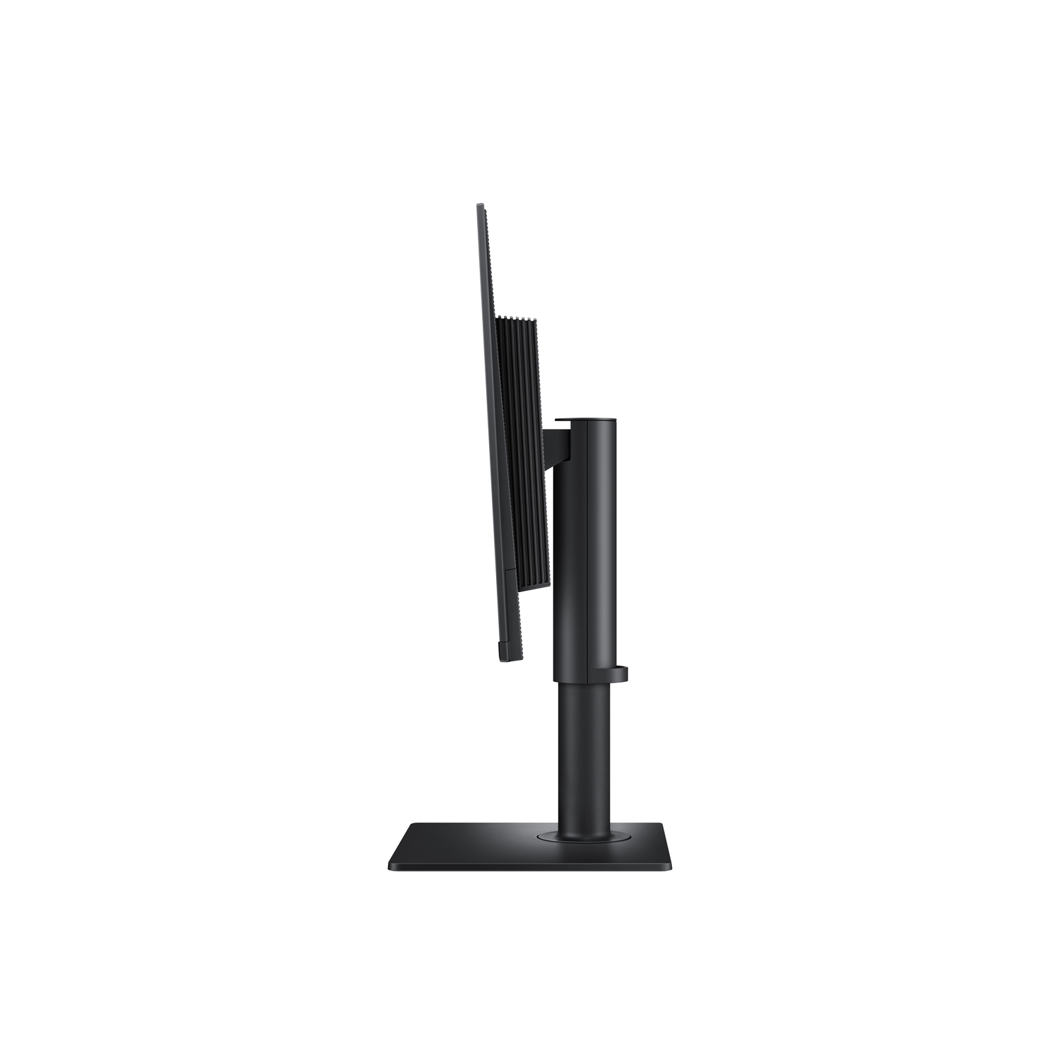 Un moniteur noir est vu de côté, sur un support.