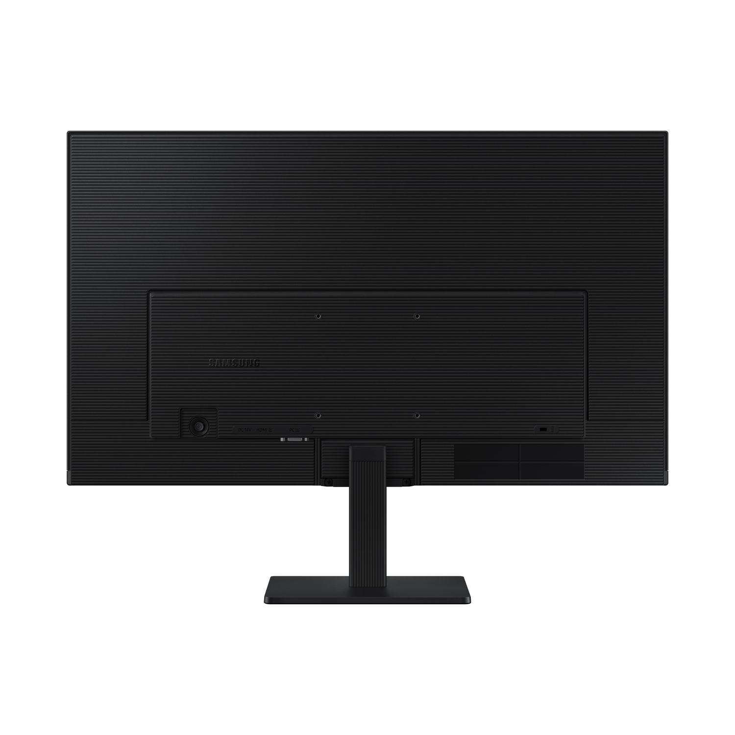 Back view of a black monitor with a black stand. Samsung logo visible.