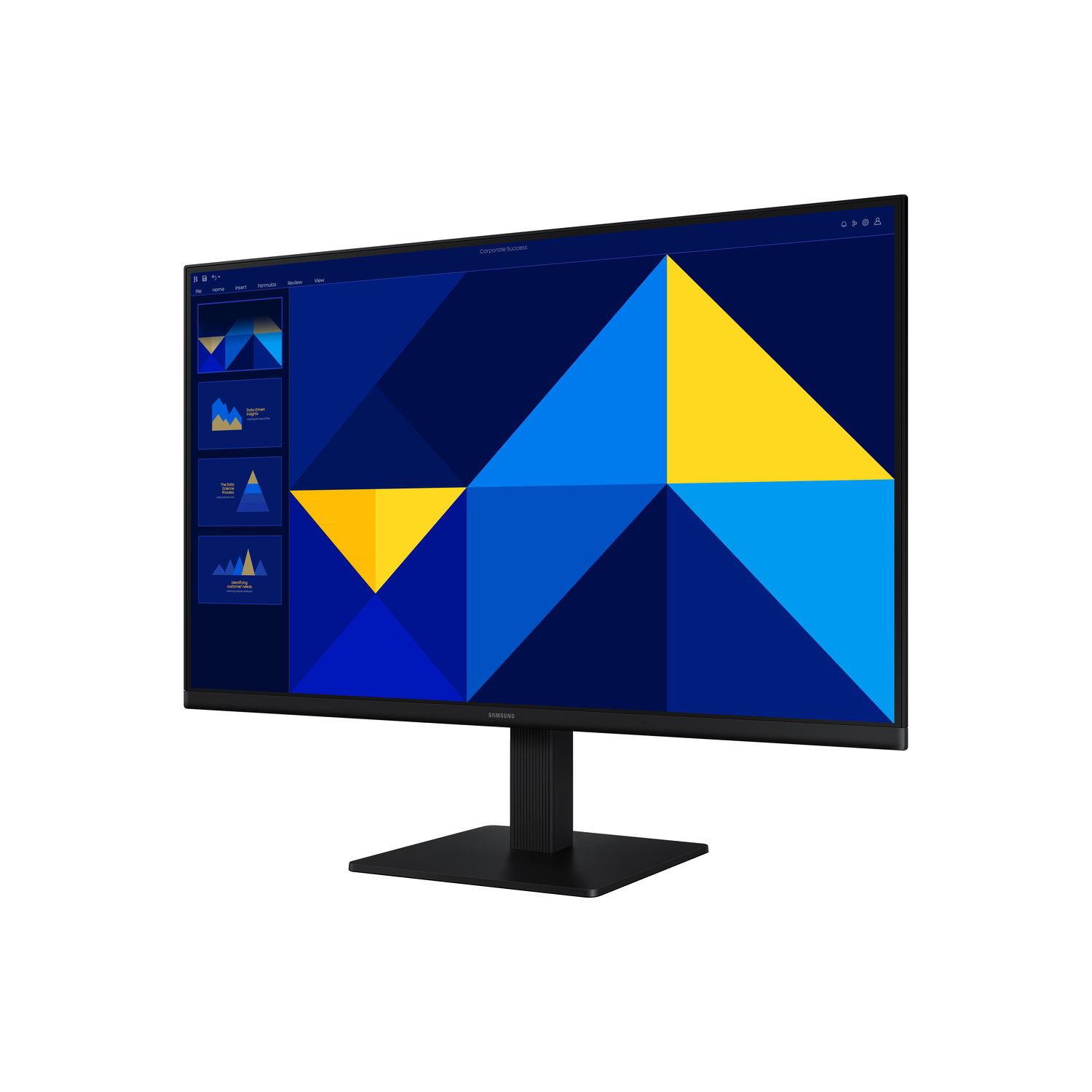 A monitor with a geometric blue and yellow design on the screen.