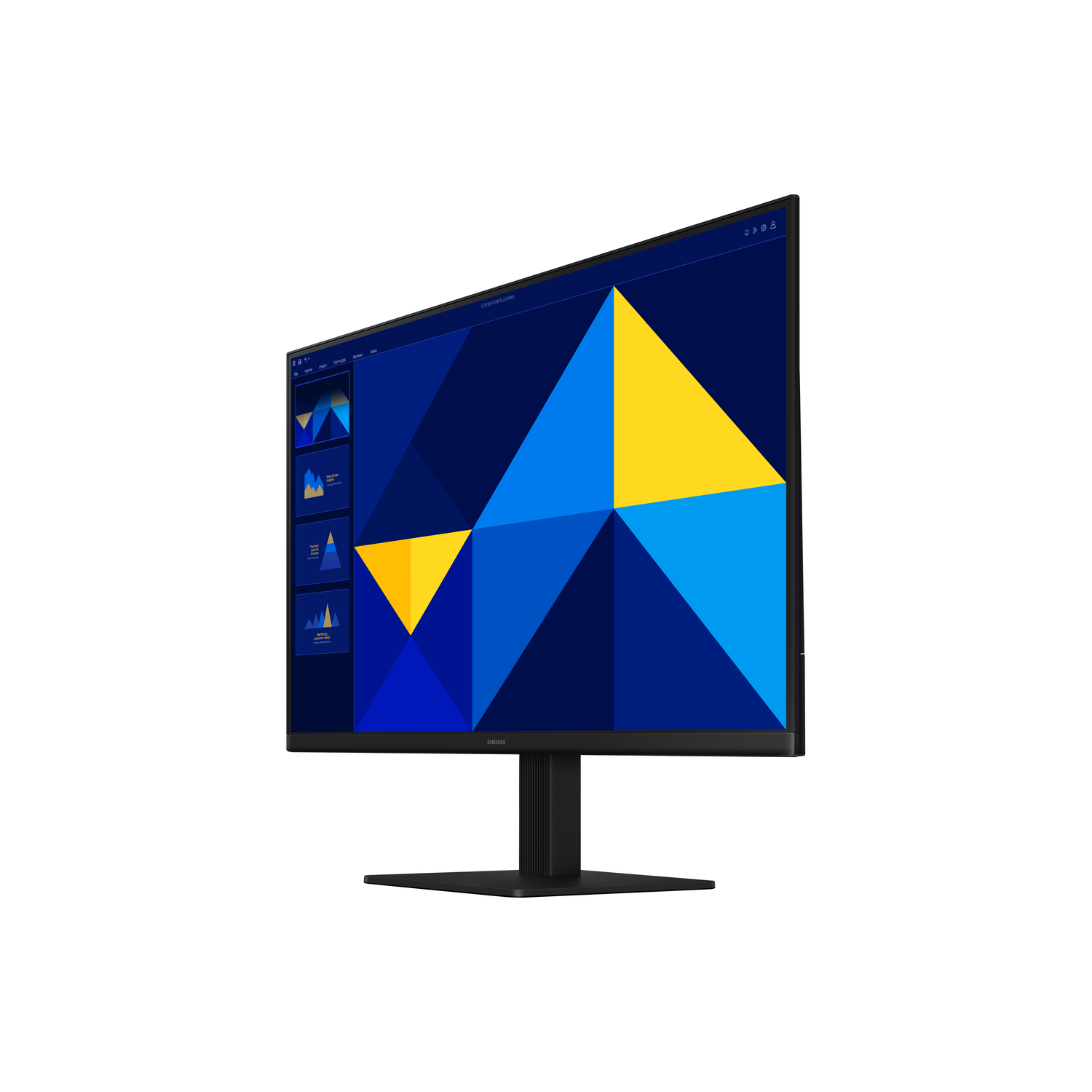 Black monitor displaying a presentation. Screen shows blue, yellow, and white graphics.