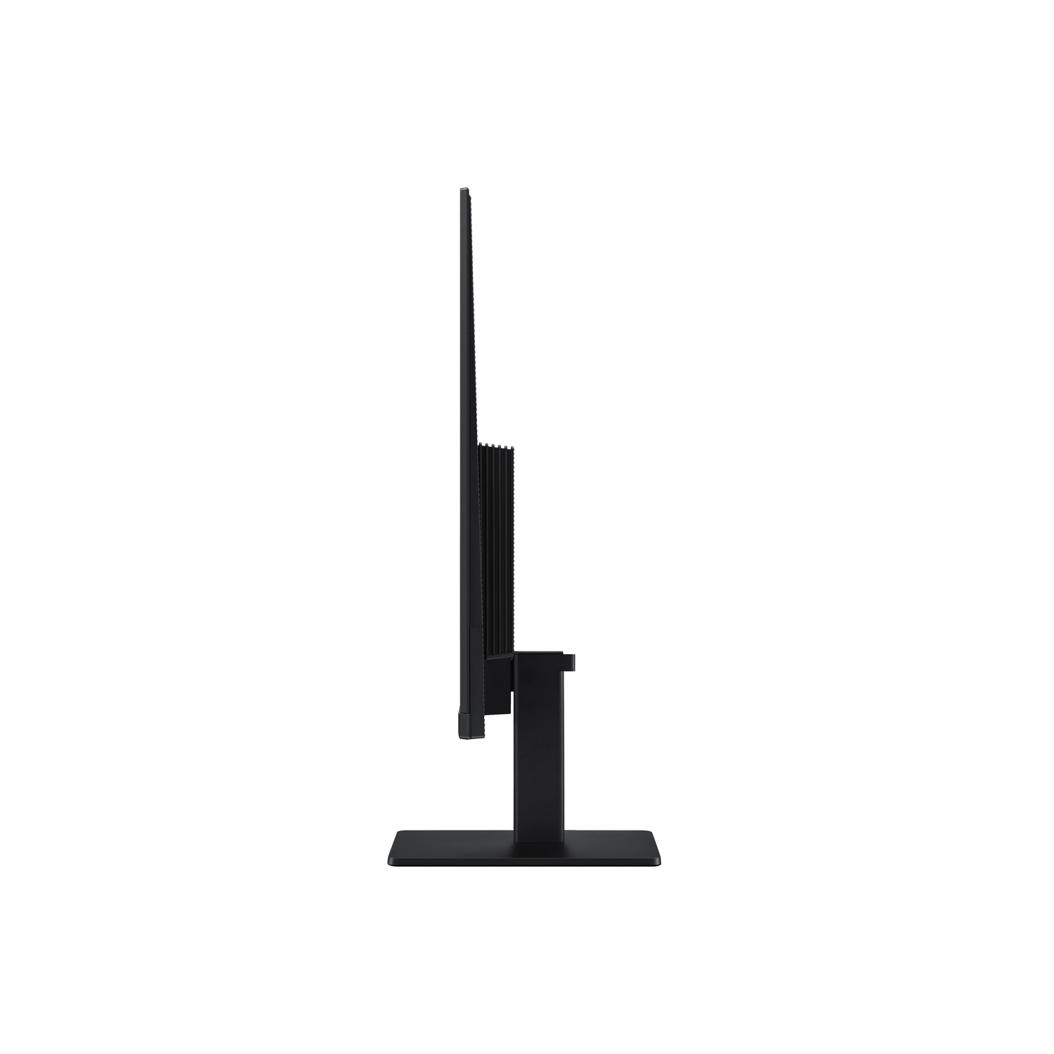 Black monitor side view with black stand, white background.