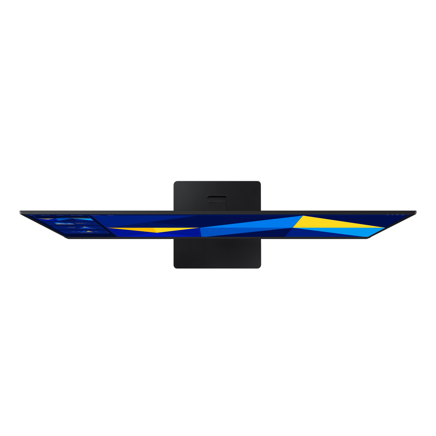 Top-down view of a black monitor on a black stand, displaying blue and yellow graphics.