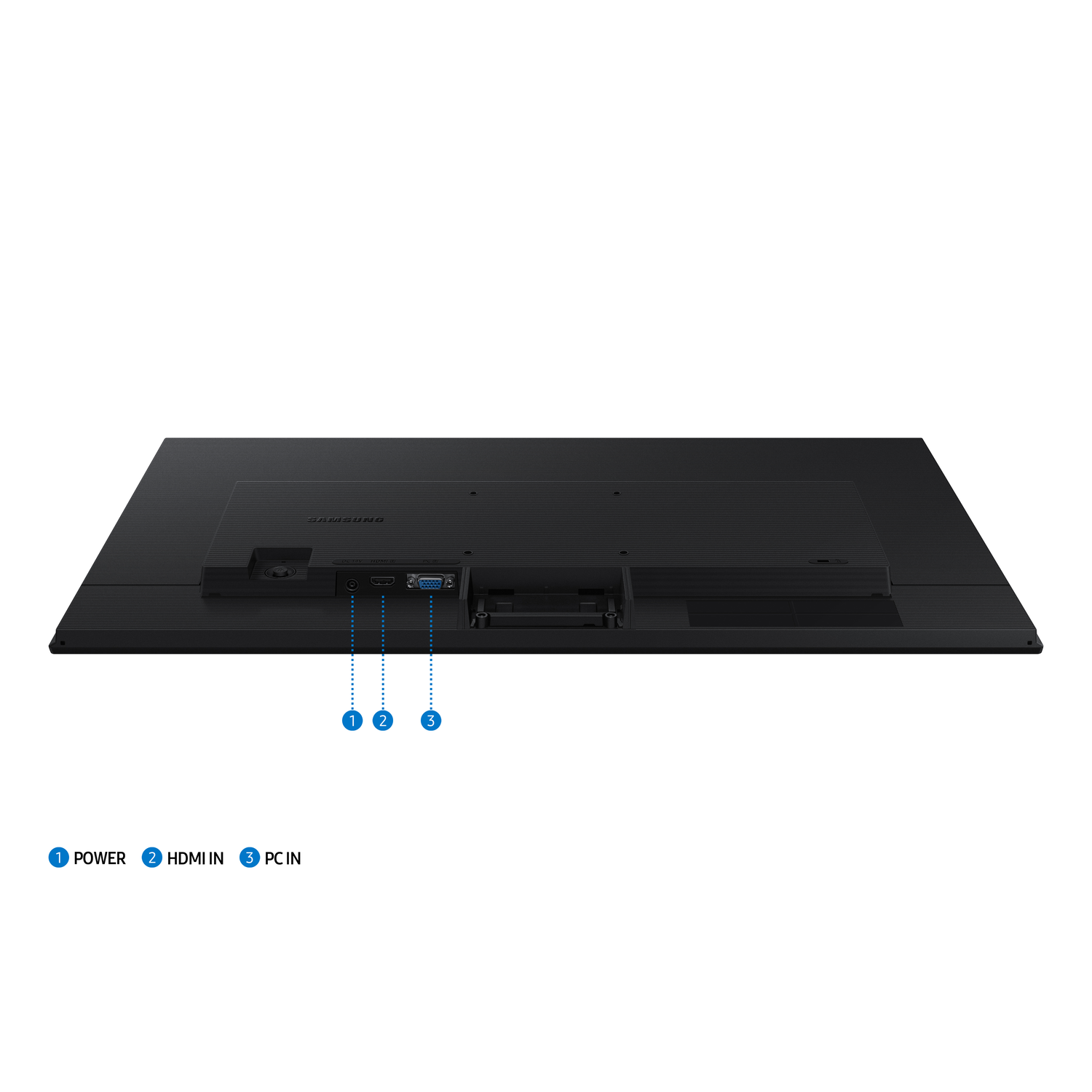 Back of a black monitor with labeled ports: Power, HDMI, and PC IN.