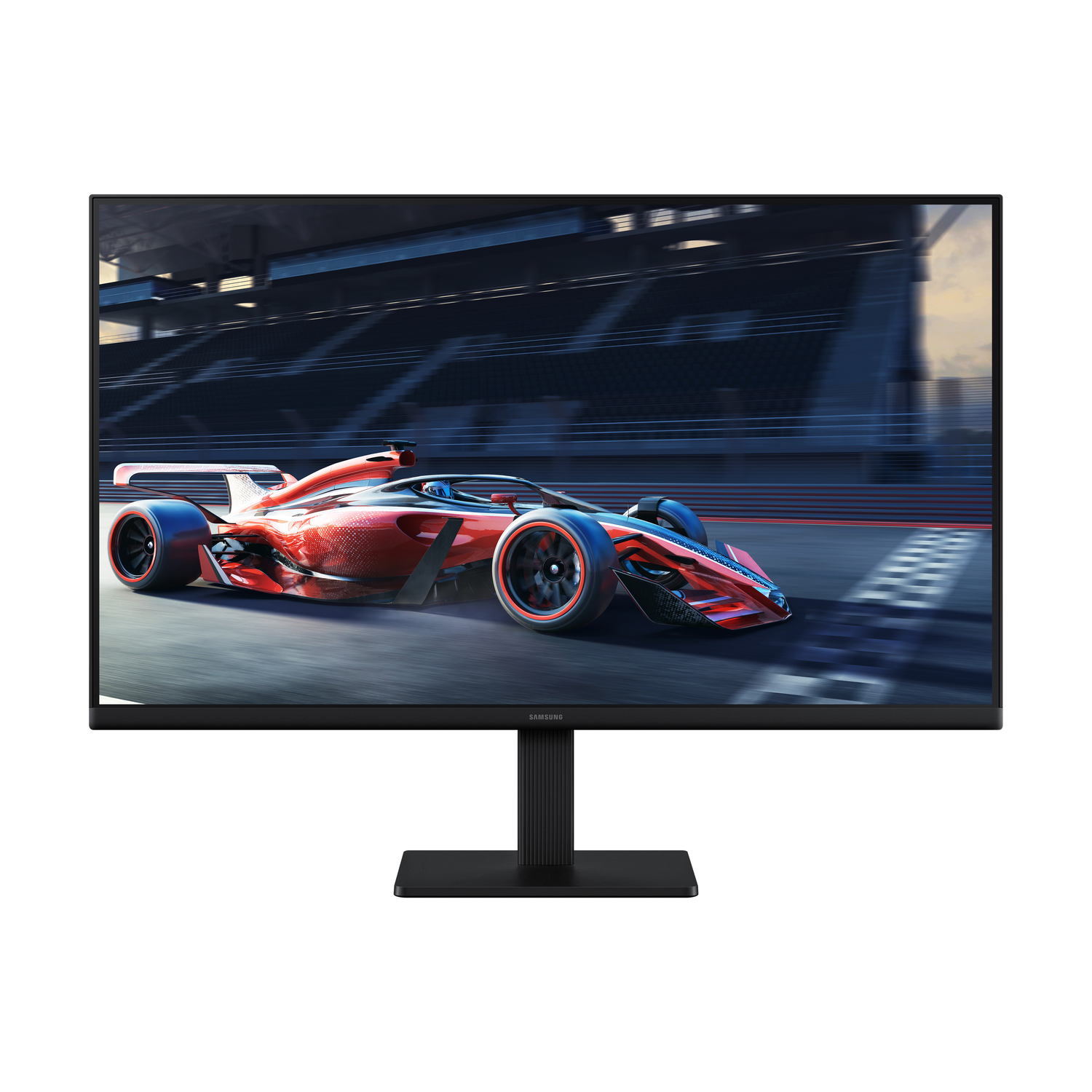 Gaming monitor. Red and black race car on screen. Black stand. Black frame. White background.