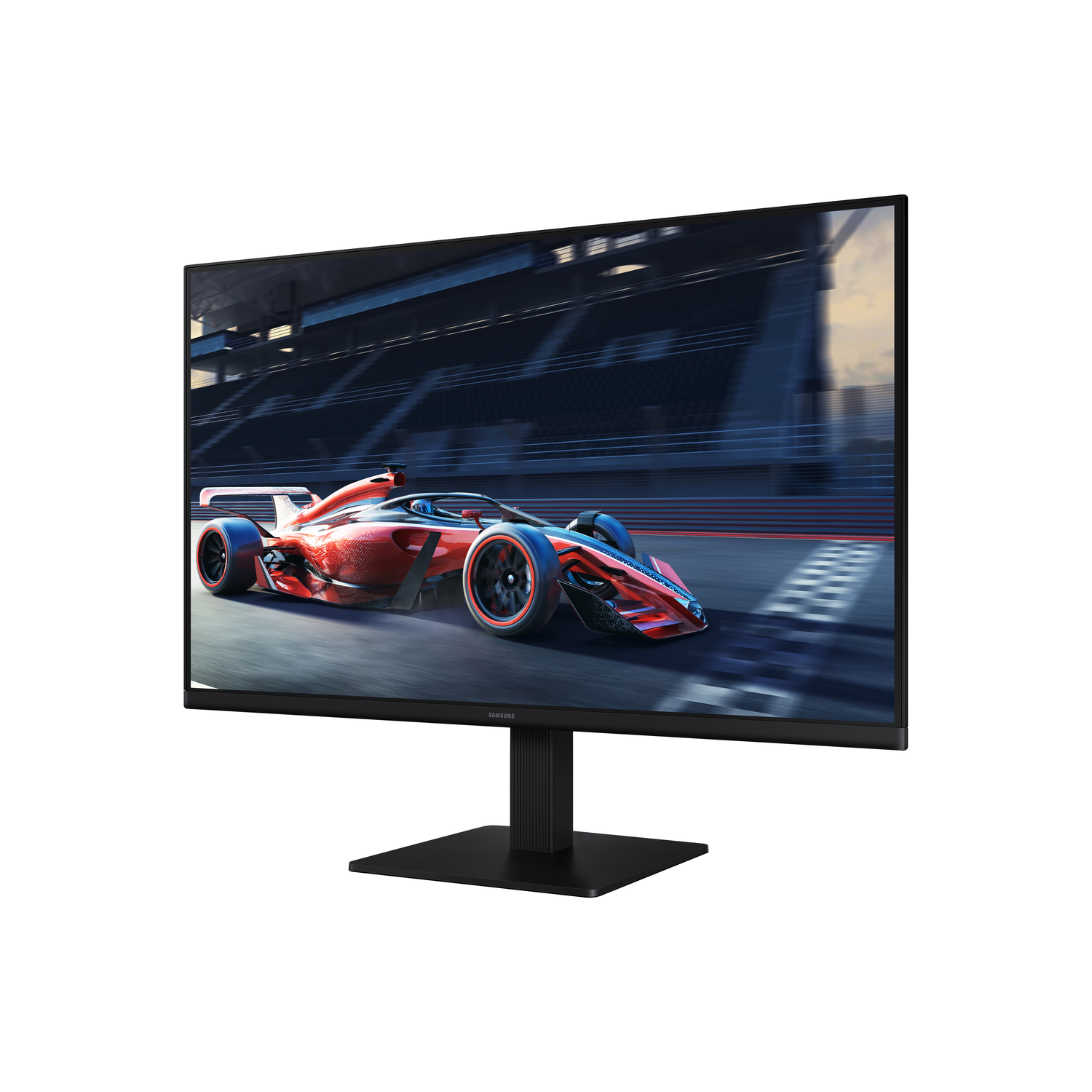 A computer monitor with a red race car image displayed on it.