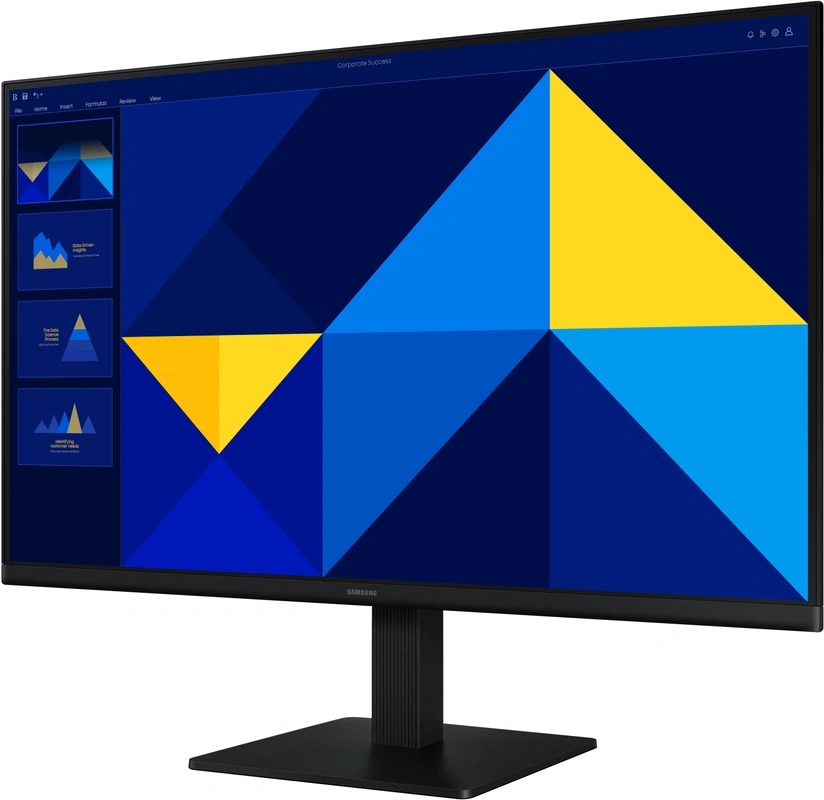 A black computer monitor displaying a presentation with blue and yellow shapes.