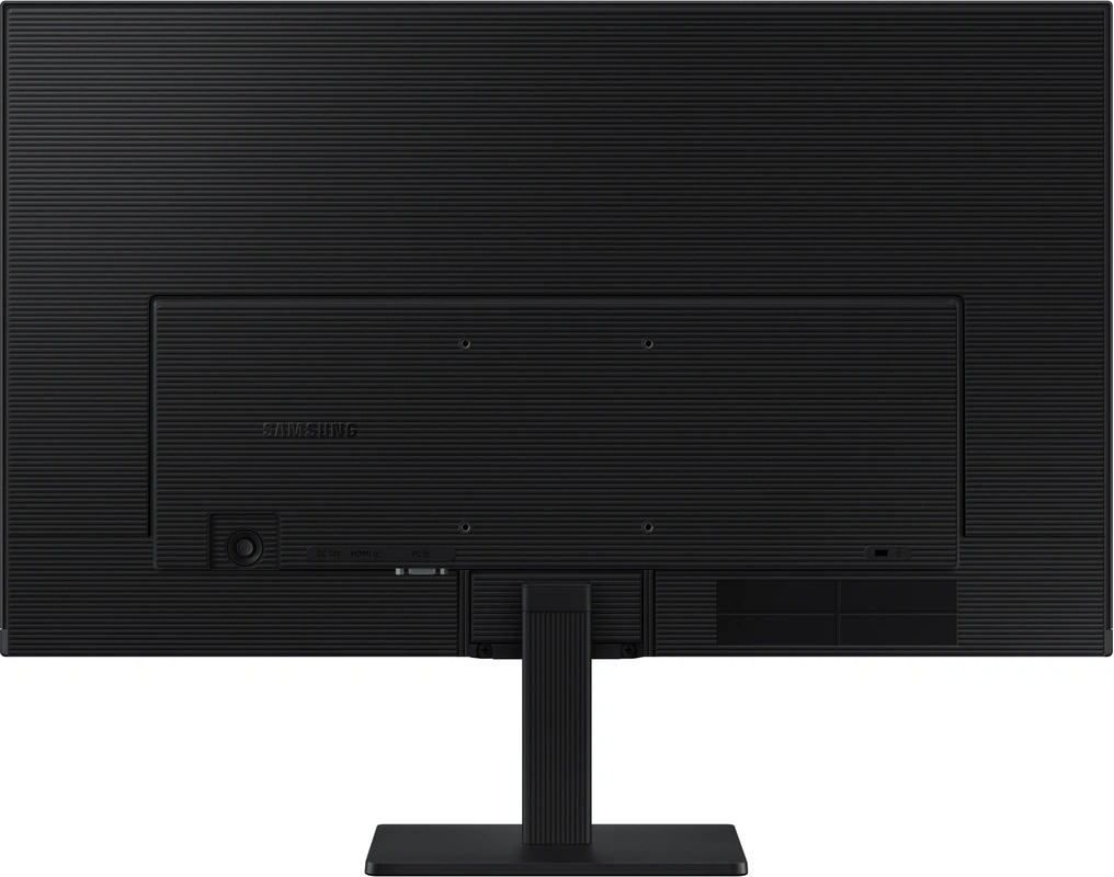 Back of a black monitor. Ports visible. Black stand. Samsung logo.