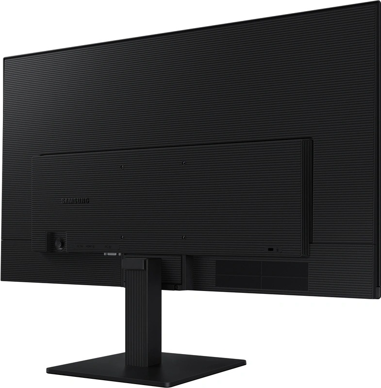Black monitor's back. Ports visible. Black stand. Samsung logo.