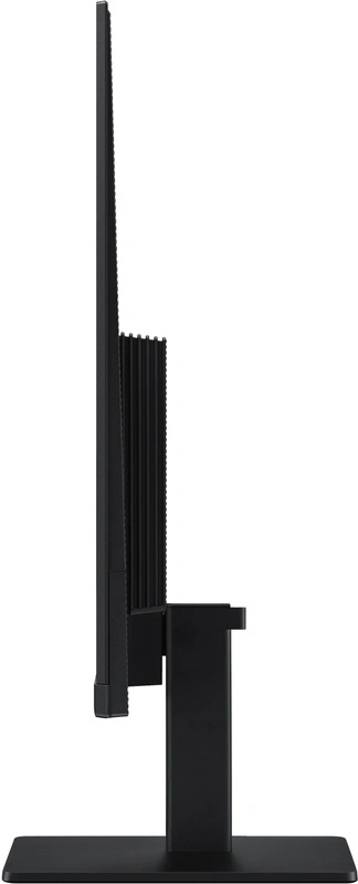 Black monitor side view with black stand, white background.