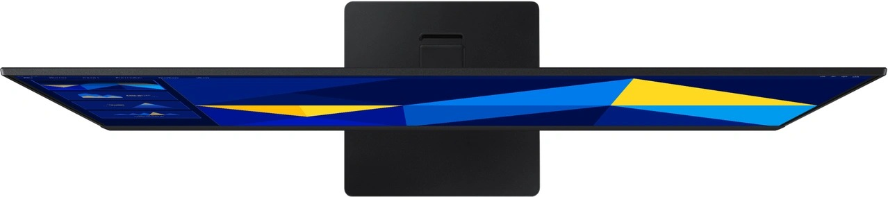 Top-down view of a black monitor on a black stand, displaying blue and yellow graphics.