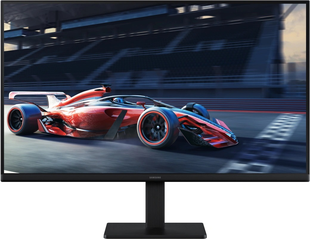 Monitor displays a race car on a track. Black stand and base, with the Samsung logo.