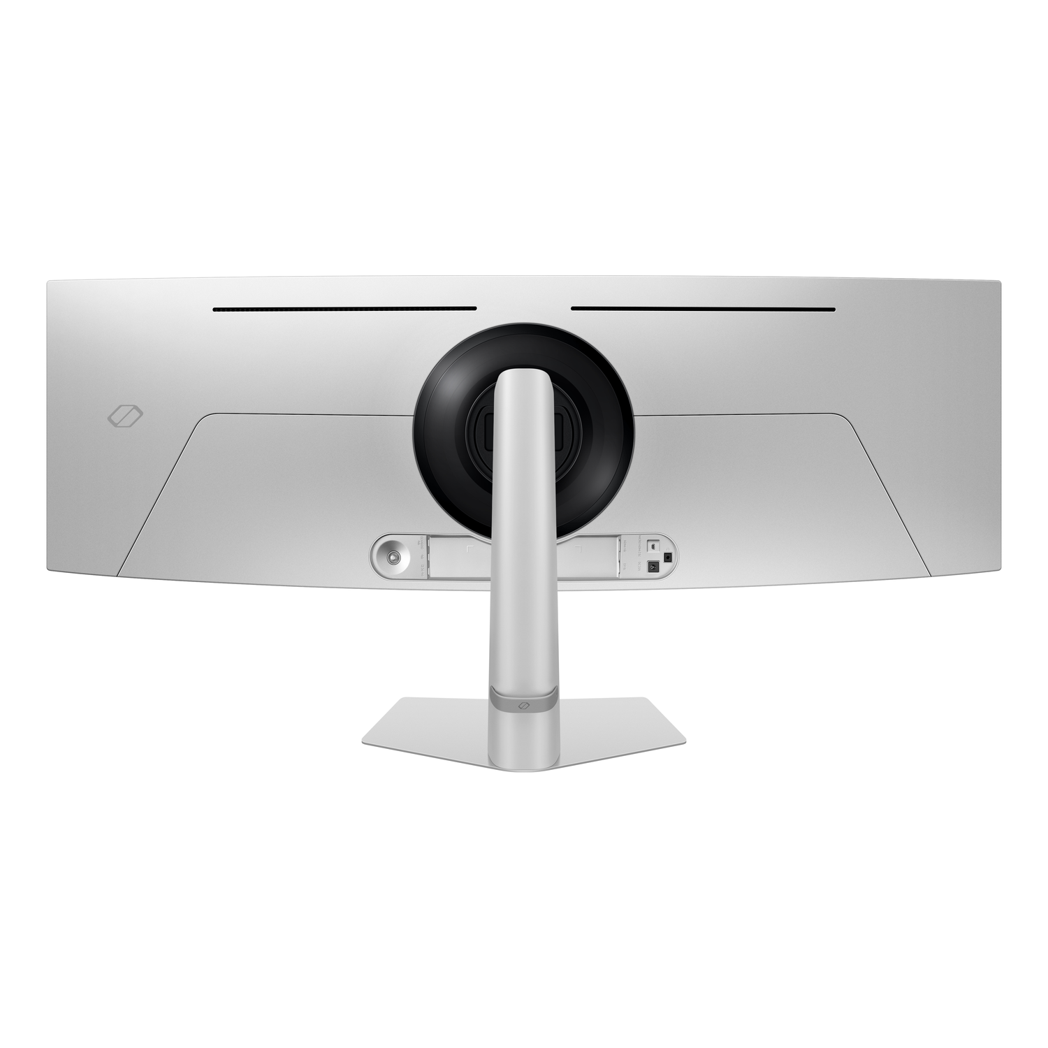 Achterkant van een zilveren gebogen monitor. Heeft een zwarte cirkelvormige poort en een standaard.