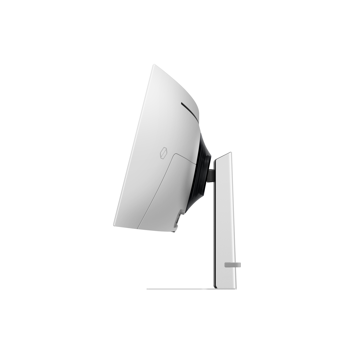 Zijaanzicht van een witte gebogen monitor op een zilveren standaard.