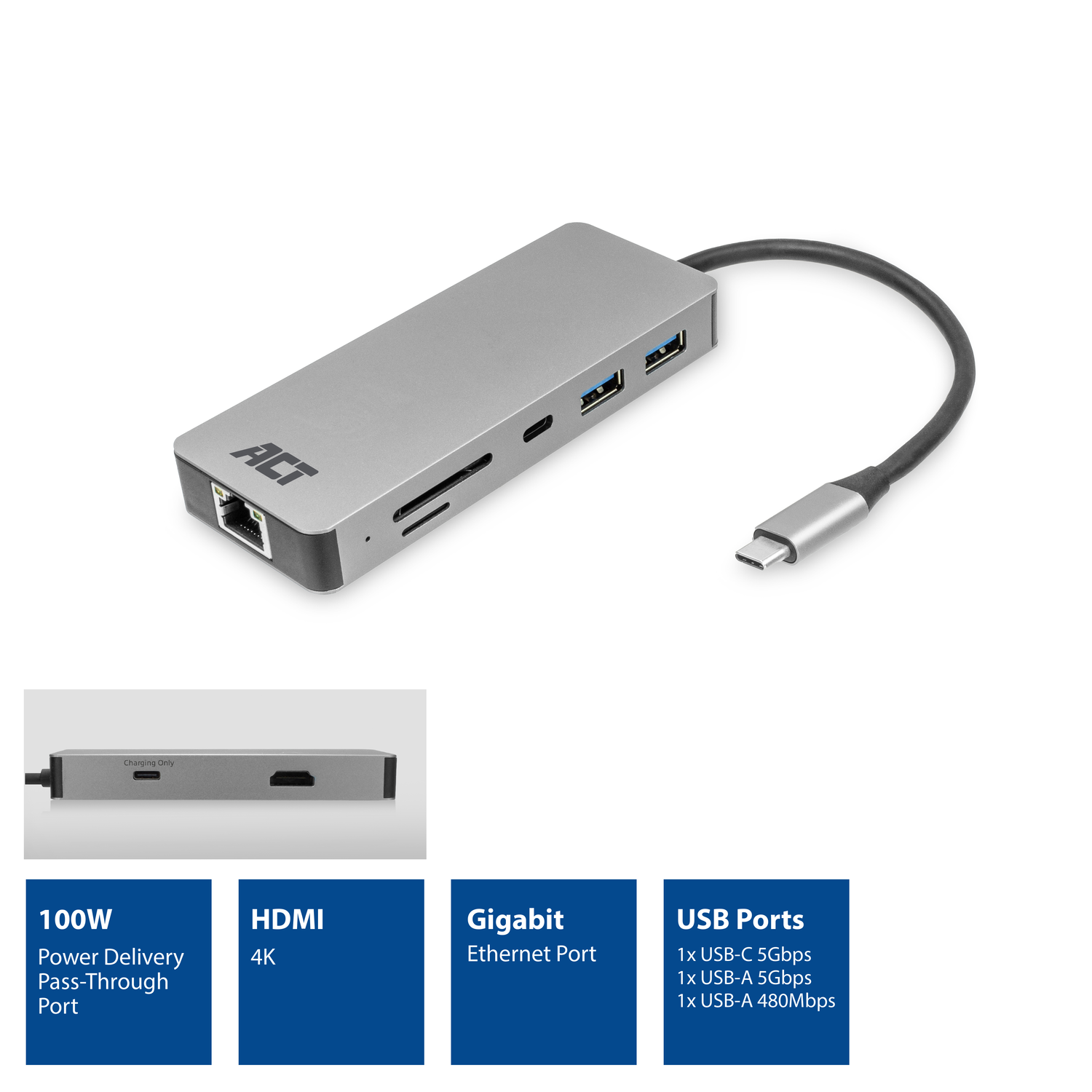Silver ACT hub with multiple ports. Includes USB, HDMI, Ethernet, and SD card ports.