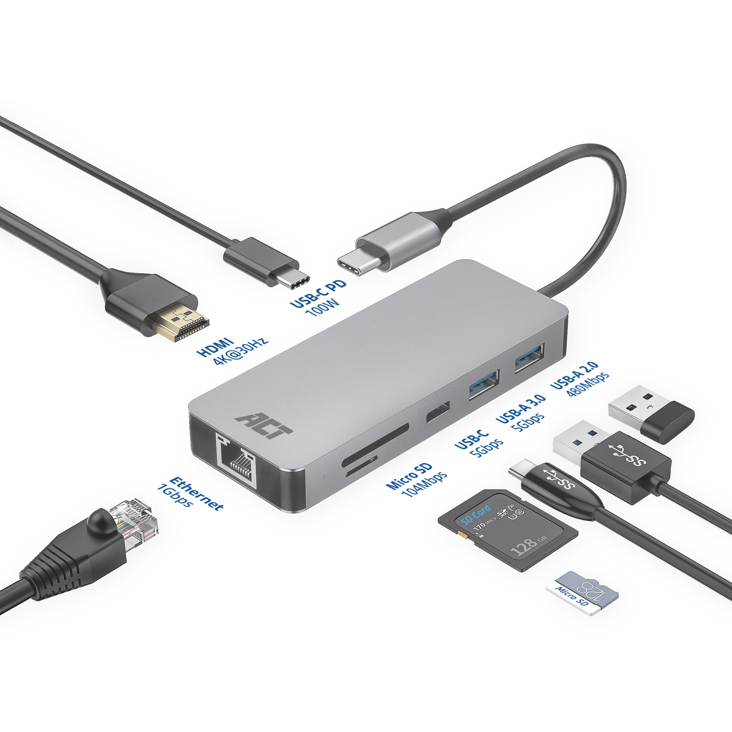Silver ACT hub with multiple cables. Includes USB, HDMI, Ethernet, SD card ports.