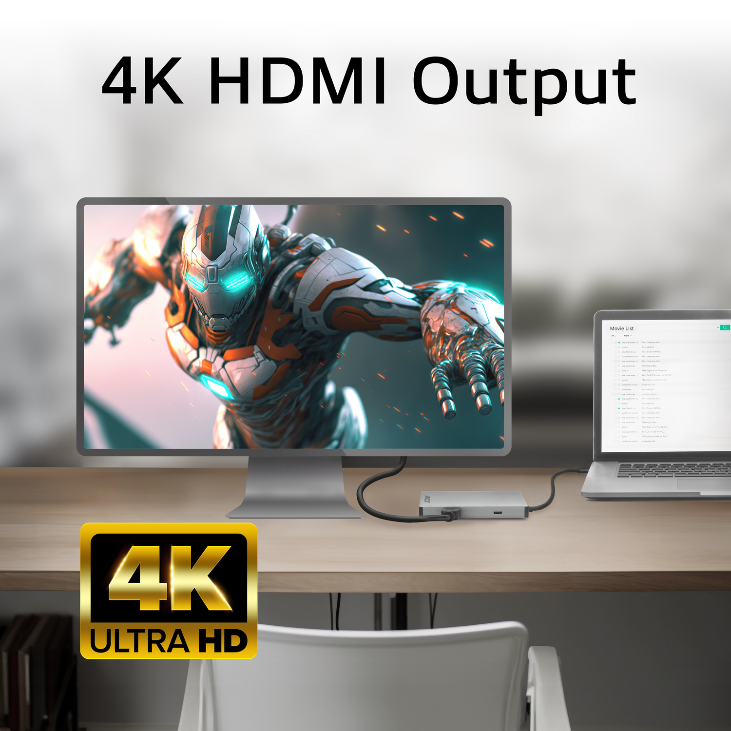 4K ultra HD monitor connected to laptop.