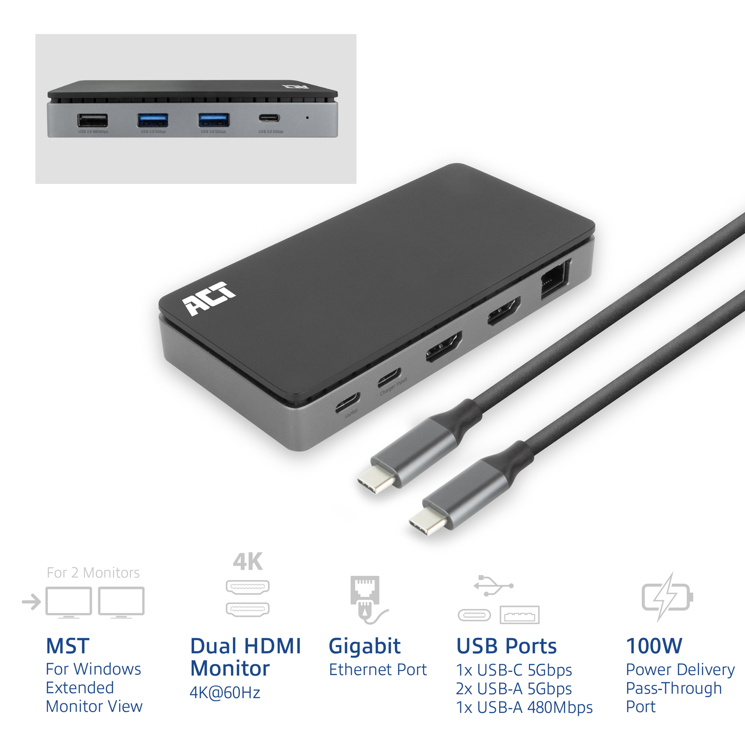 Black ACT hub with multiple ports. Features USB, HDMI, and Gigabit Ethernet ports.