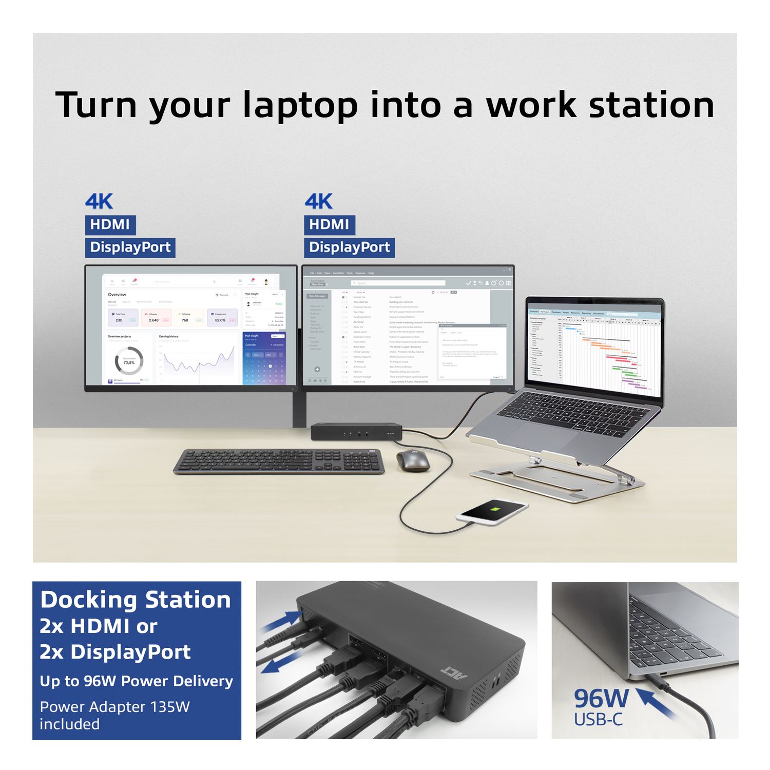 Laptop connected to two monitors via a docking station. Includes keyboard, mouse, and power delivery.