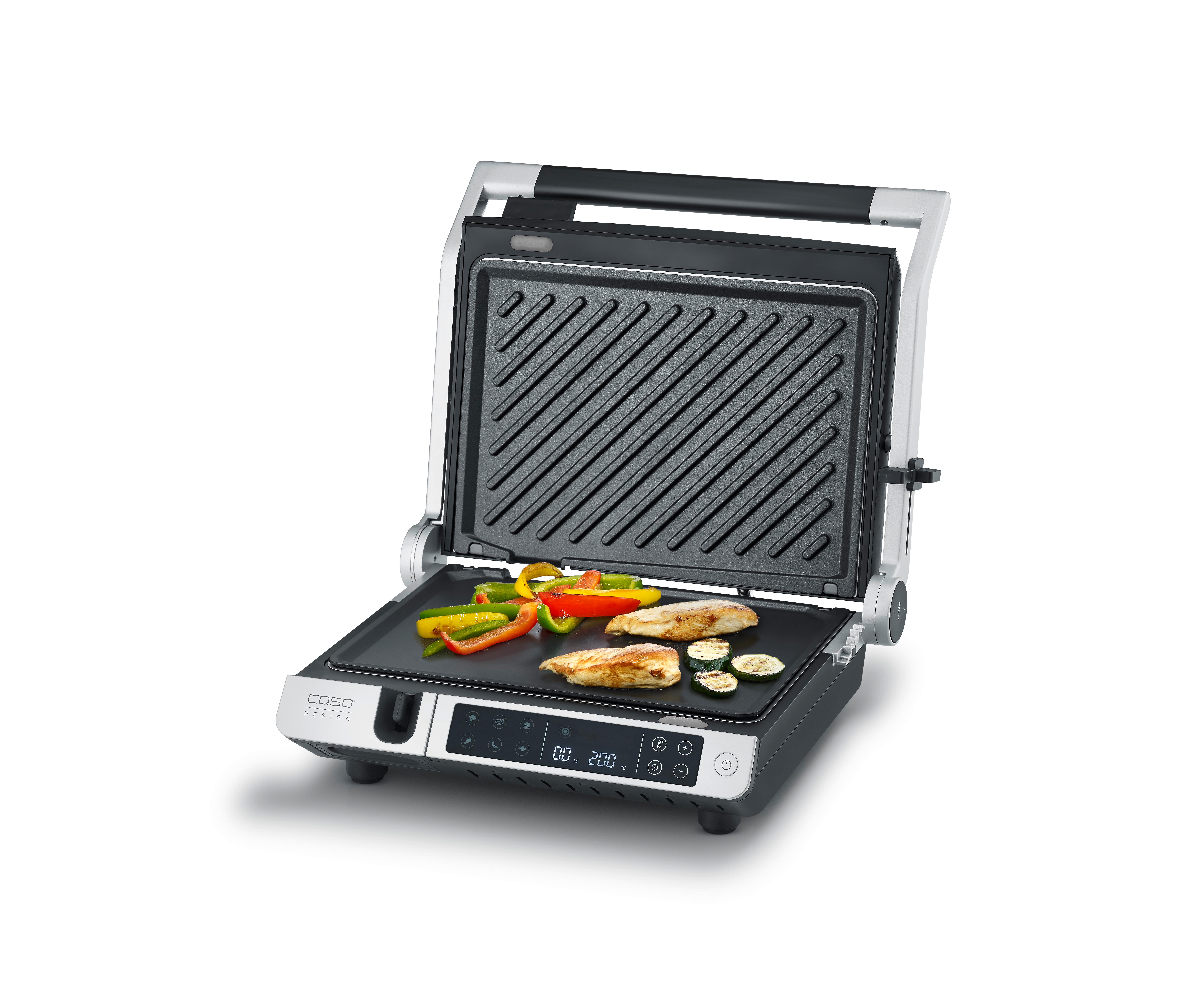 Elektrischer Grill, offen, mit Essen. Mit digitalem Display und Bedienelementen.