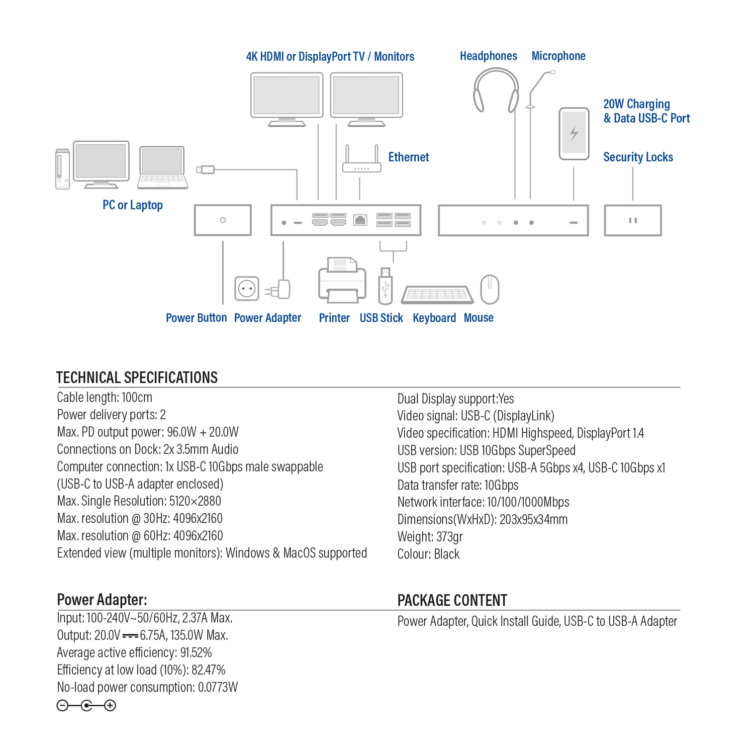 Diagram of a black device with ports, connected to monitors, PC, and peripherals.