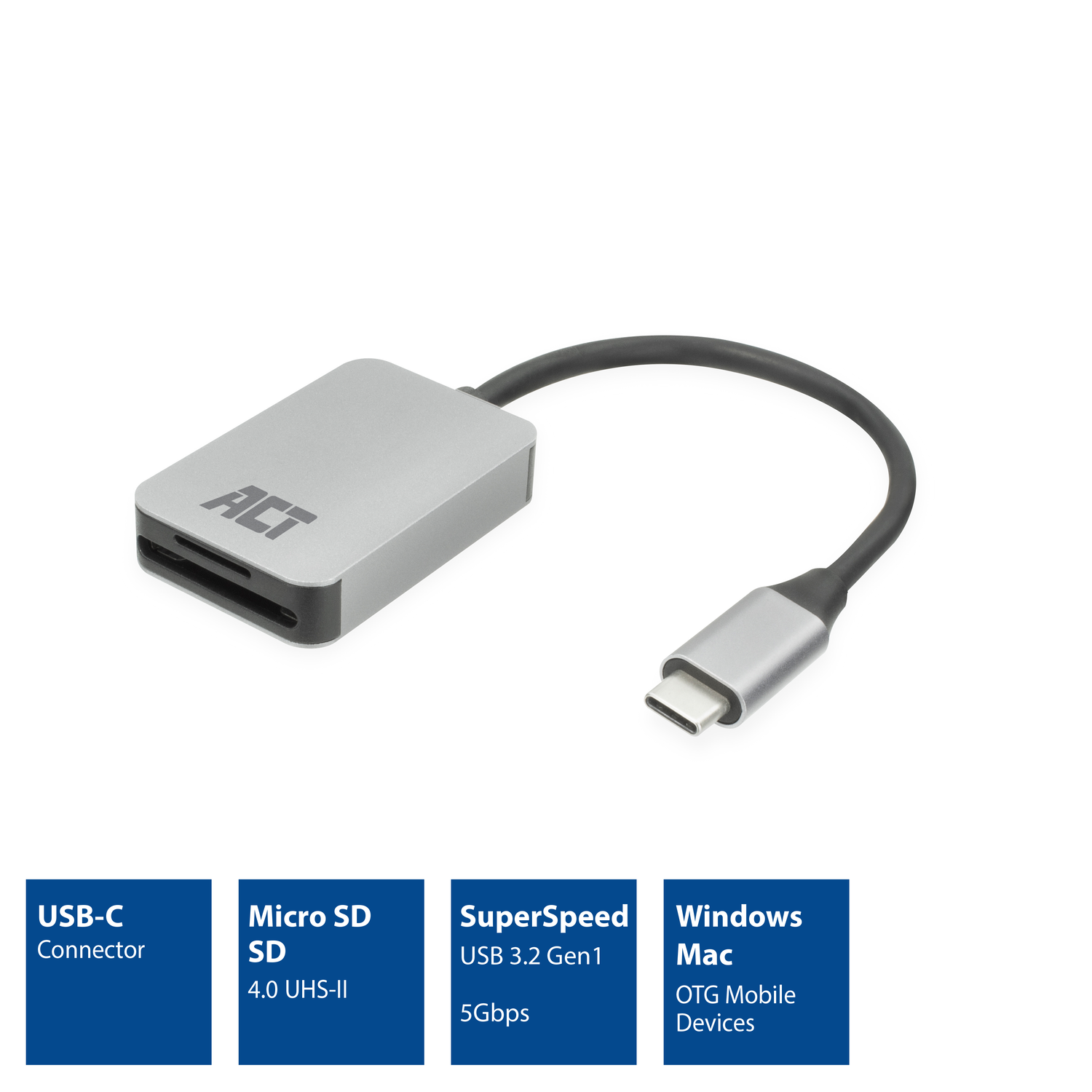 Silver card reader with USB-C connector and Micro SD slot.