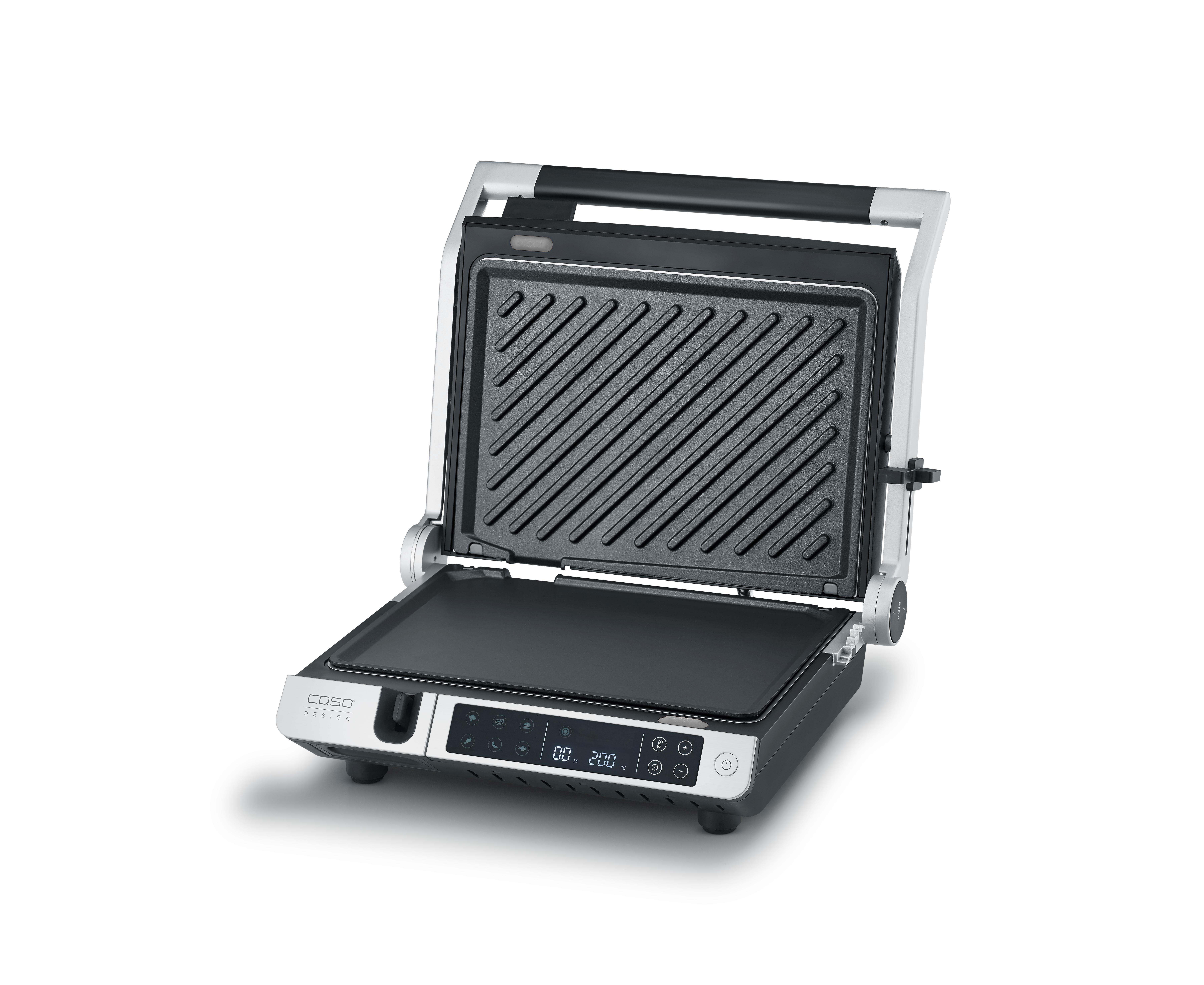 Offener Elektrogrill mit schwarzen Platten und digitalem Bedienfeld.