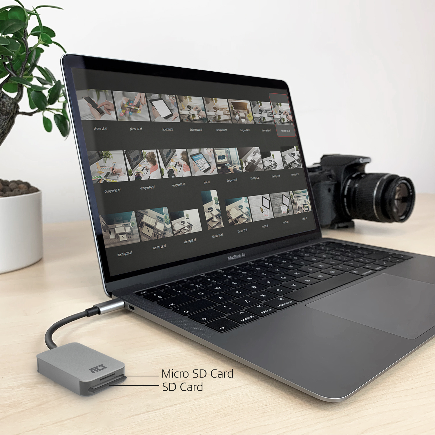 Card reader connected to laptop, with SD card inserted, and plant.